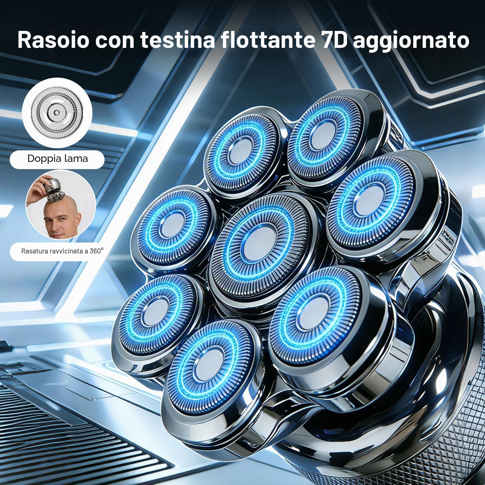 Rasoio per testa 7D per Uomo calvi - Rasoio per testa calva, Elettrico Tagliacapelli uomini con display LED Rasoi elettrico barba rotanti 2 impostazioni di velocità disponibili