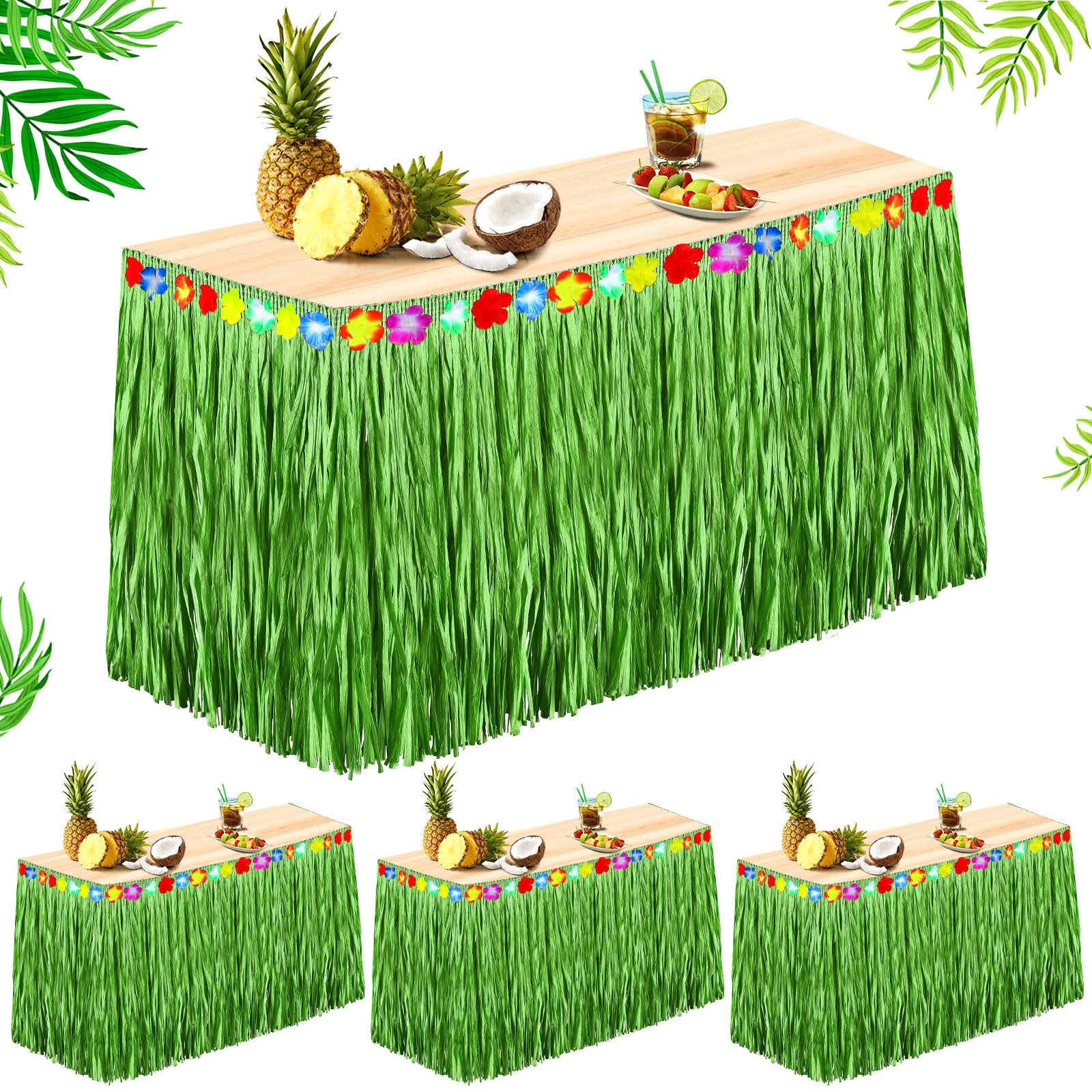 Hawaiian Luau Grass Table Skirt 9 Feet x 30 Inches Raffia Table Skirt Tiki Bar Table Decoration with Hibiscus Flowers for Tropical Hawaiian Luau Party Costume Party Decorations(Green,4 Pack)