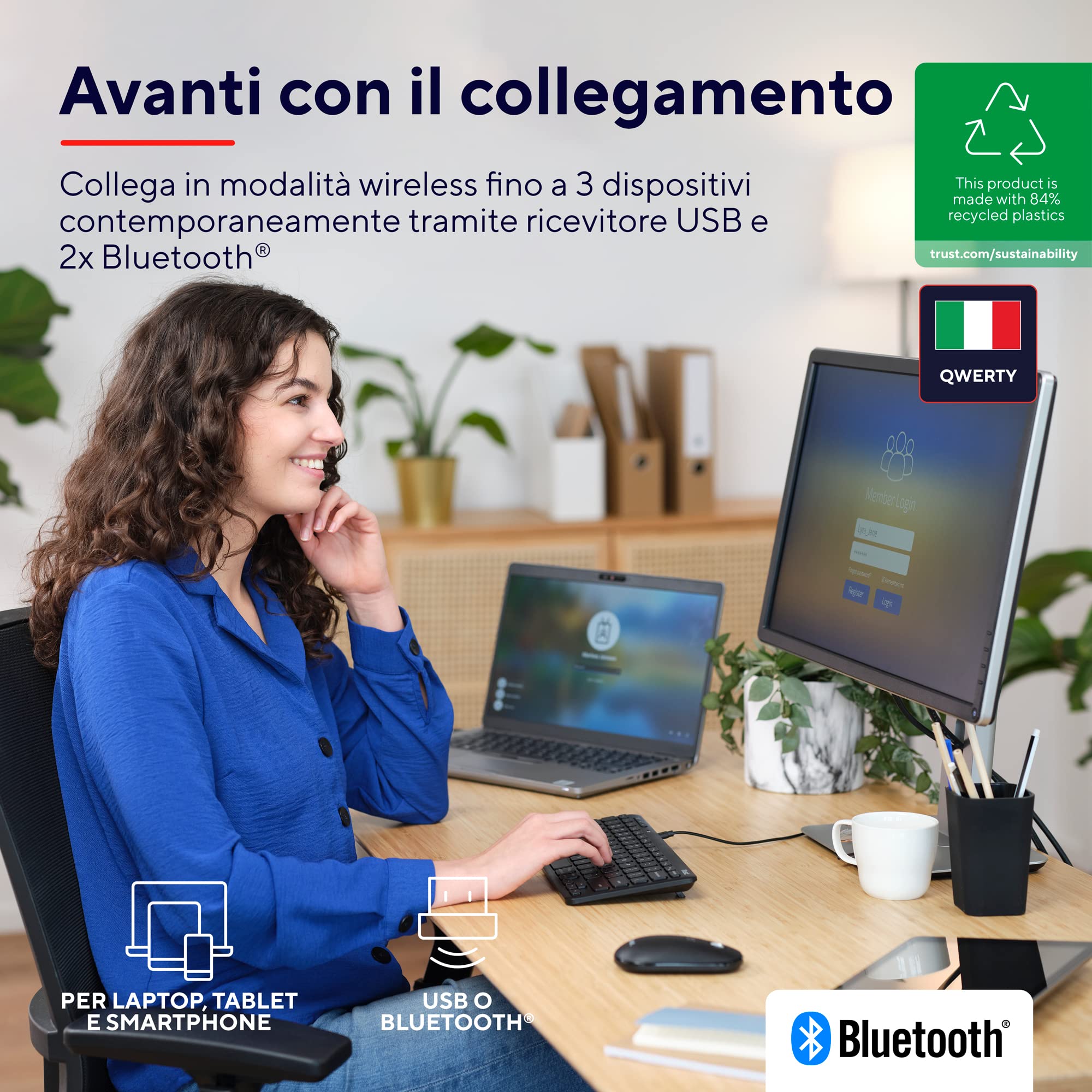 Trust Lyra Set Tastiera e Mouse Wireless Bluetooth, Layout Italiano QWERTY, 84% Plastica Riciclata, Tastiera Ricaricabile Multidispositivo per Laptop, PC, Mac, Tablet, iPad, Android, iOS – Nero