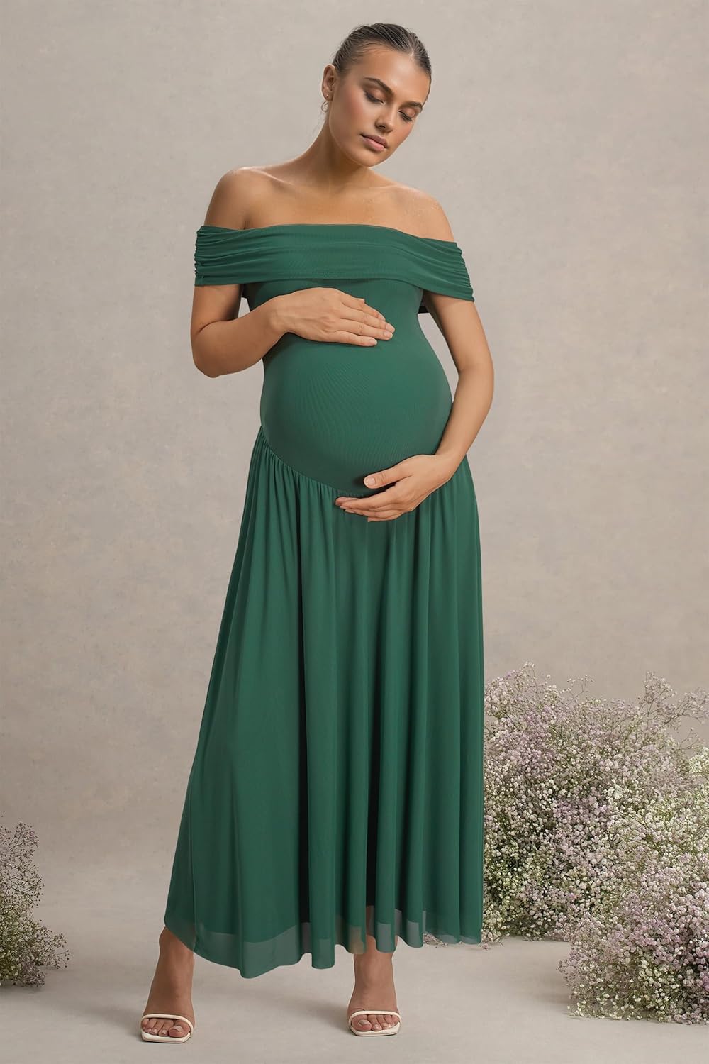 OUGES Women's 2026 Off The Shoulder Mesh Maxi Maternity Dress for Photoshoot Baby Shower Sleeveless Formal Long Dresses - Image 5