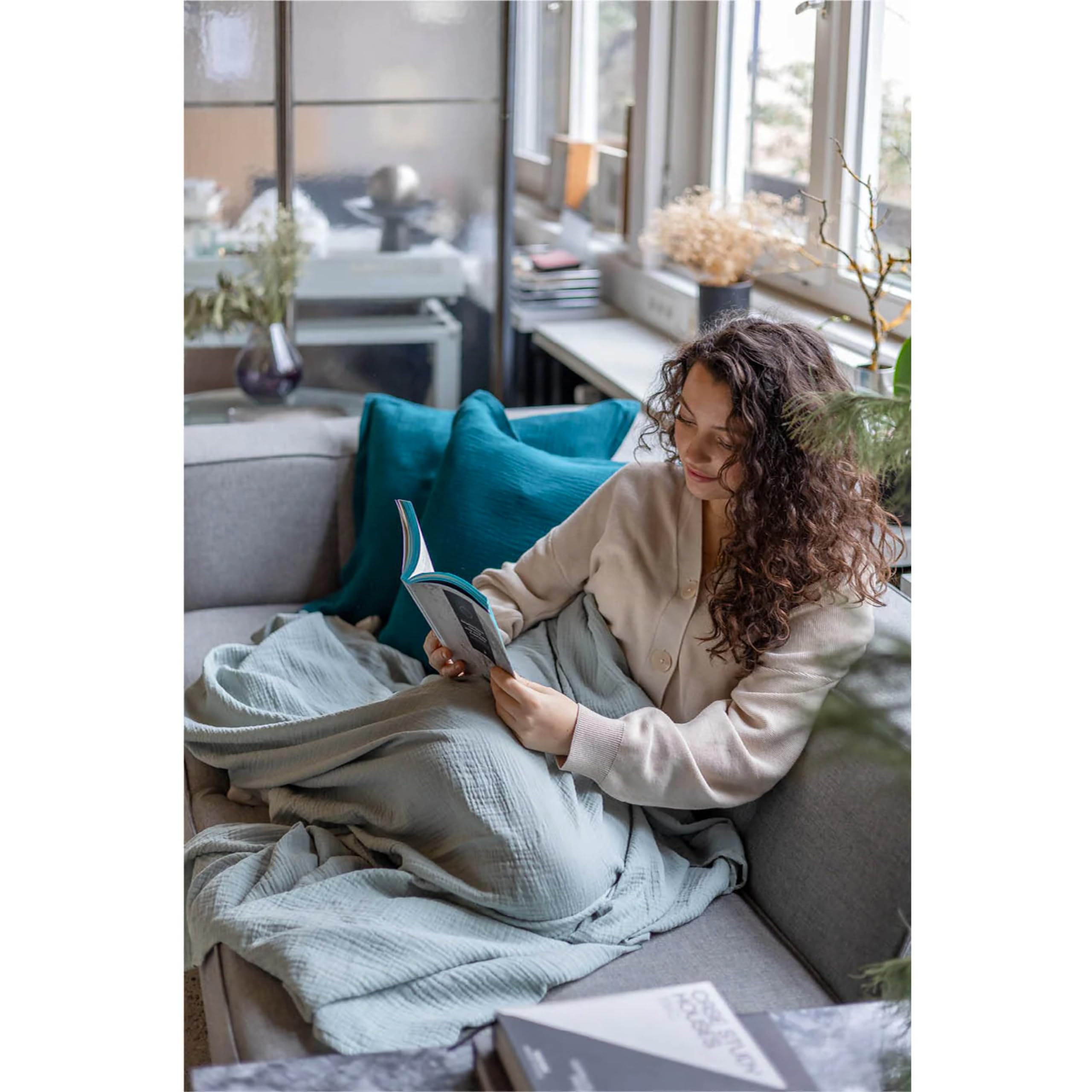 hutch&putch Premium Musselin-Sommerdecke Josephin Aquamarine - Ultra leichte Sommerbettdecke aus 100% Bio-Baumwolle ​​- Sommer Bettdecke - Baumwolldecke weich & atmungsaktiv
