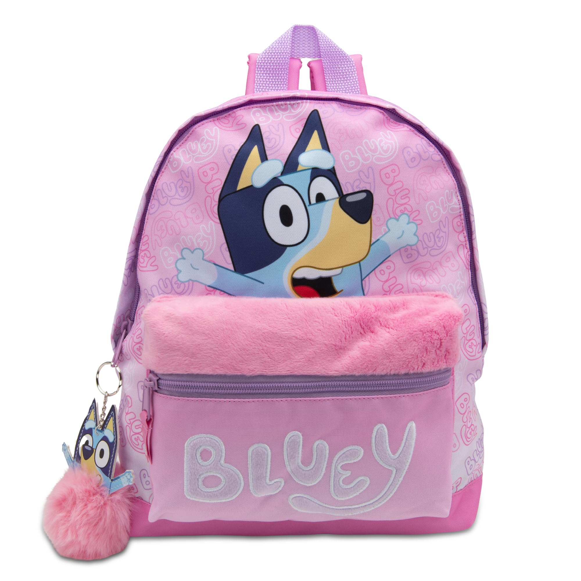 Bluey Kids Backpack Preschool Childrens Bag Girls Nursery Rucksack With Embroidered Fluffy Front Pocket & Pom Pom Keyring