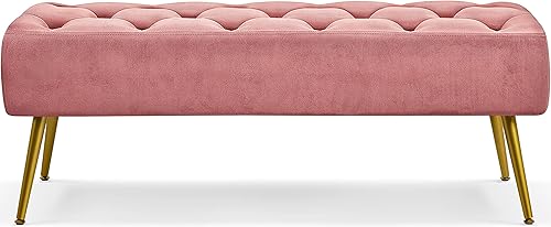 Topeakmart Banco de comedor, banco de comedor con botones para cocina, banco de comedor tapizado, banco de comedor con base de metal dorado para