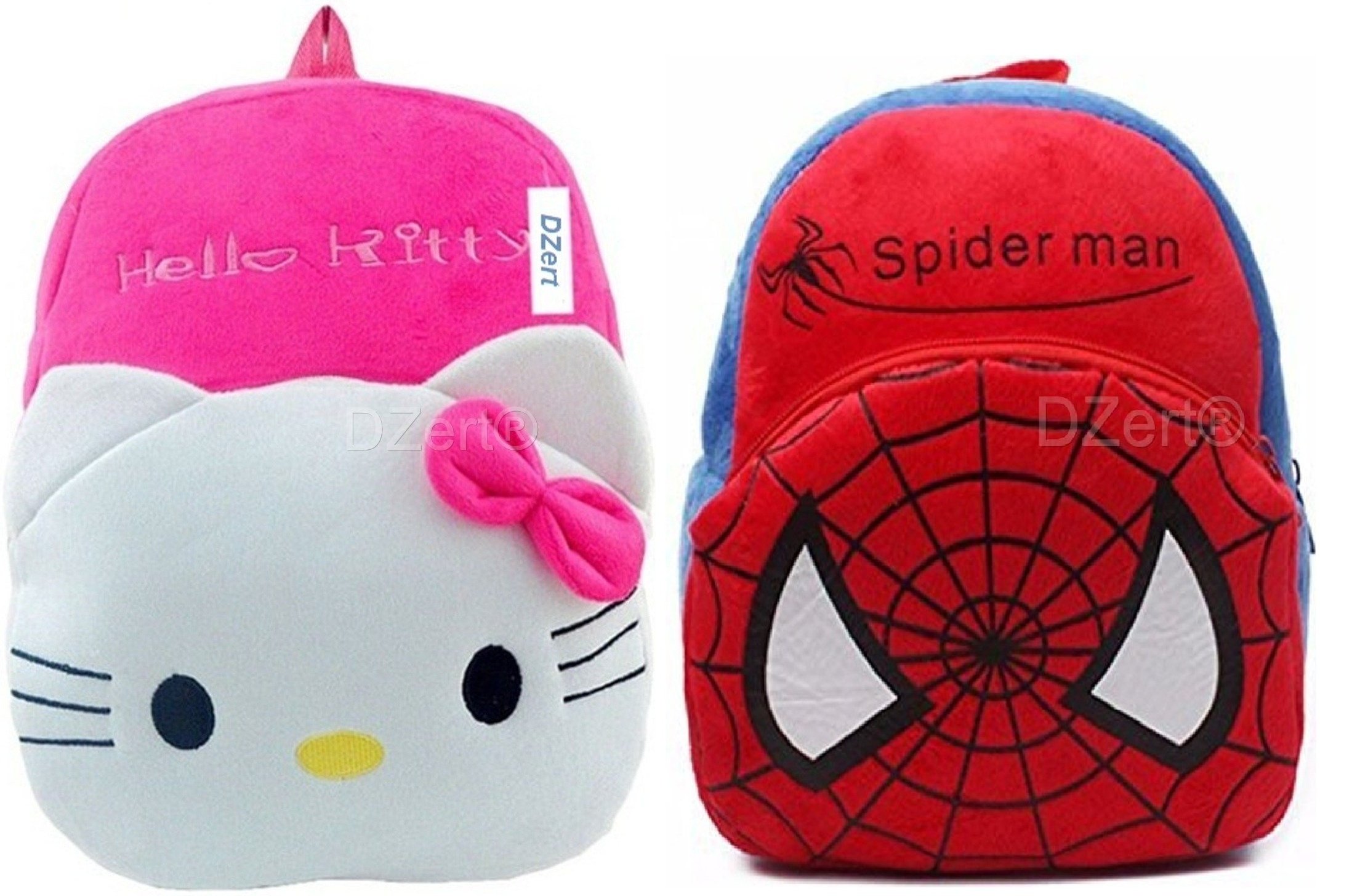 DZertKids School Bag/Nursery/Picnic/Carry/Travelling Bag Soft Plush Backpack School Bag for Kids- 2 to 5 Age - Pack of 2 (H-Kitty & Spidr)