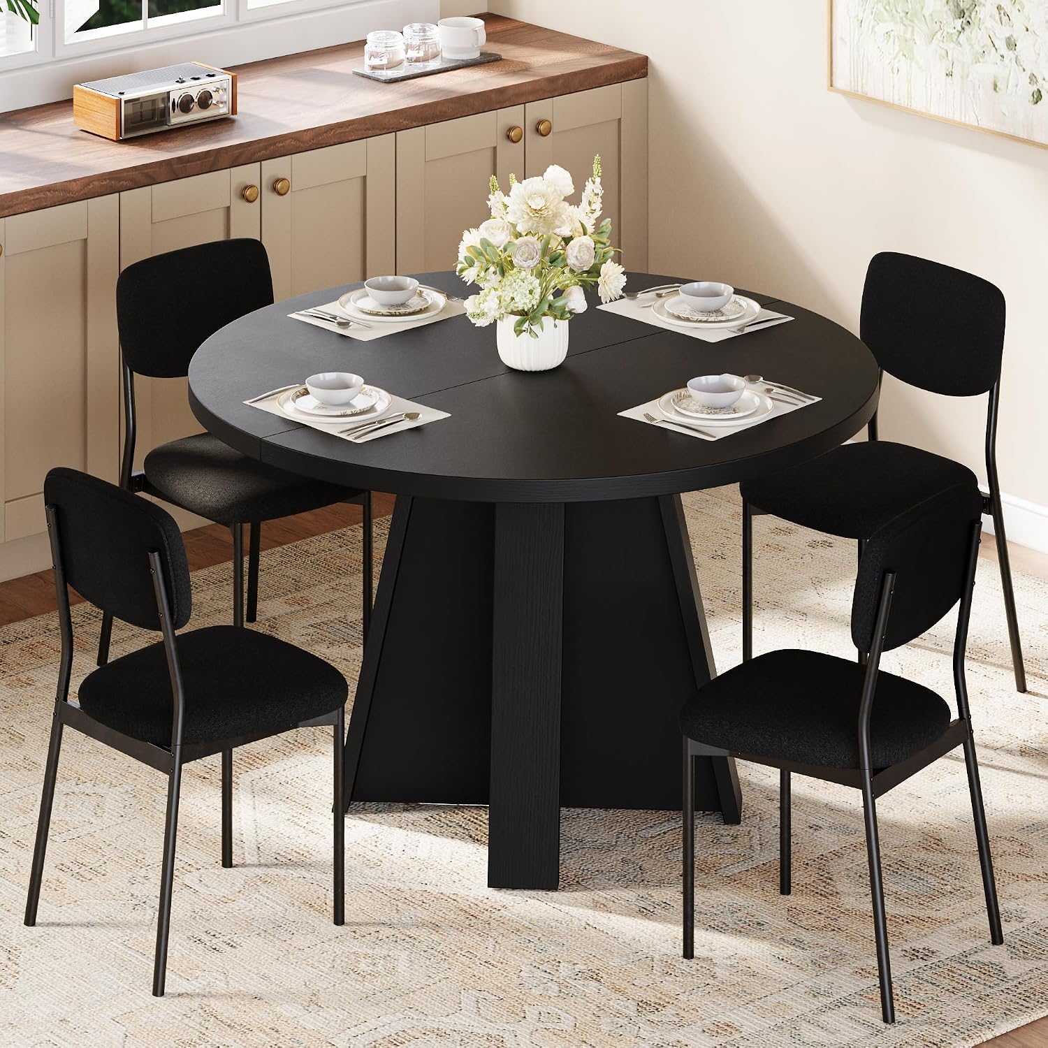 Einhomn 5-Piece Round Dining Table Set for 4, 47" Modern Kitchen Table and 4 Upholstered Chairs, Round Dining Room Table Set with Wood Base, Black Table+4 Black Chairs