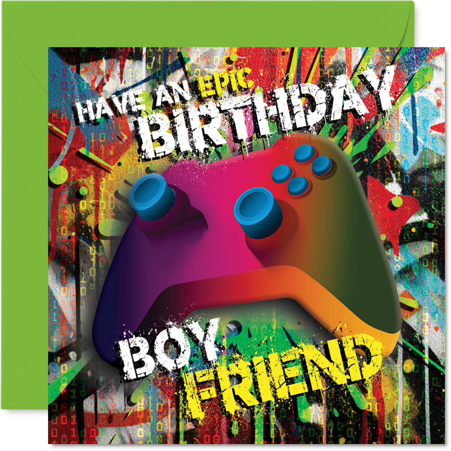 Playful Birthday Card for Boyfriend - Level Up His Day - Colourful Gaming Controller Design on a Bold, Energetic Backdrop - 145mm Square, Envelope Included
