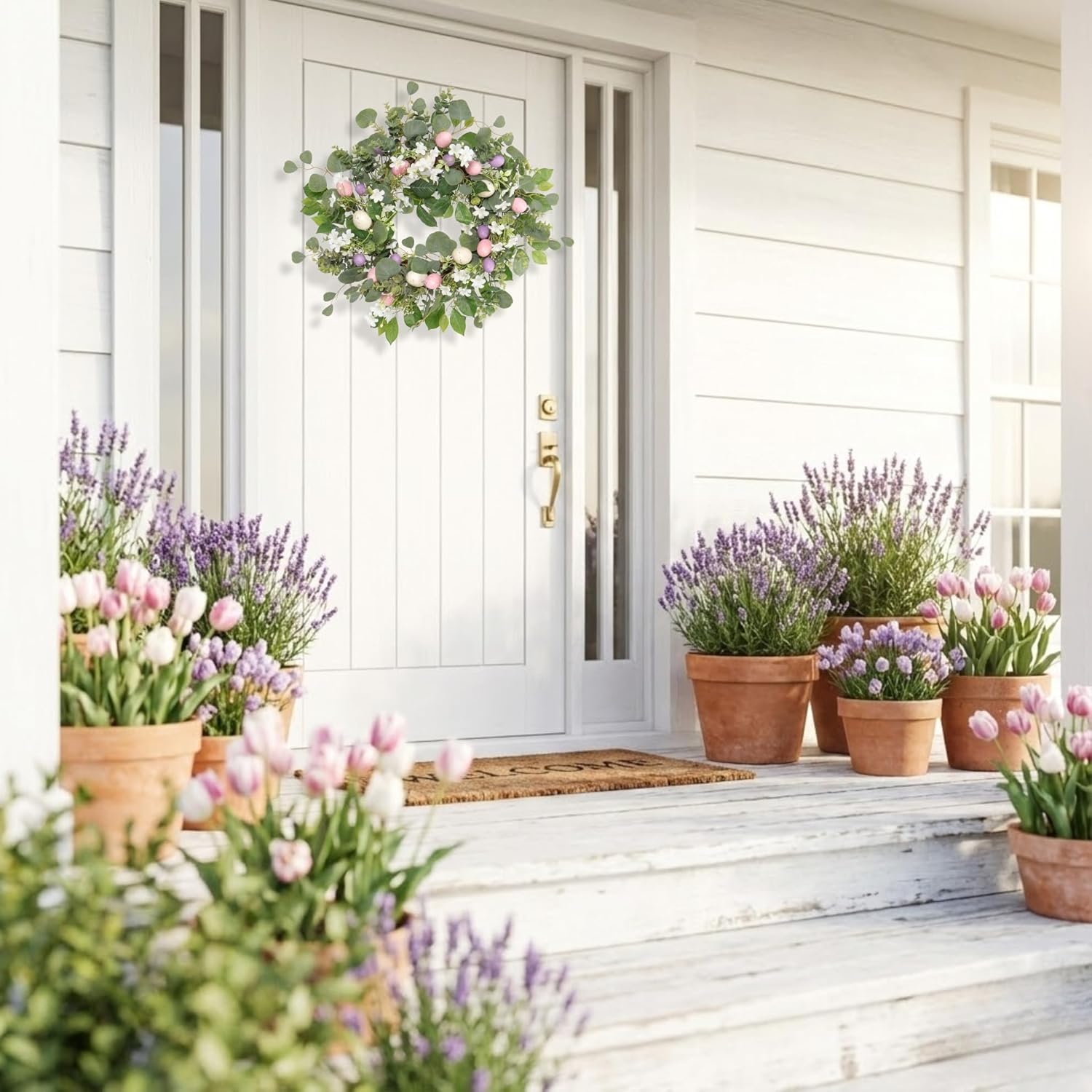 22 Inch Easter Wreath for Front Door, Spring Eucalyptus Wreath with Pastel Speckled Eggs & White Jasmine Flowers, Farmhouse Summer Outdoor Holiday Décor