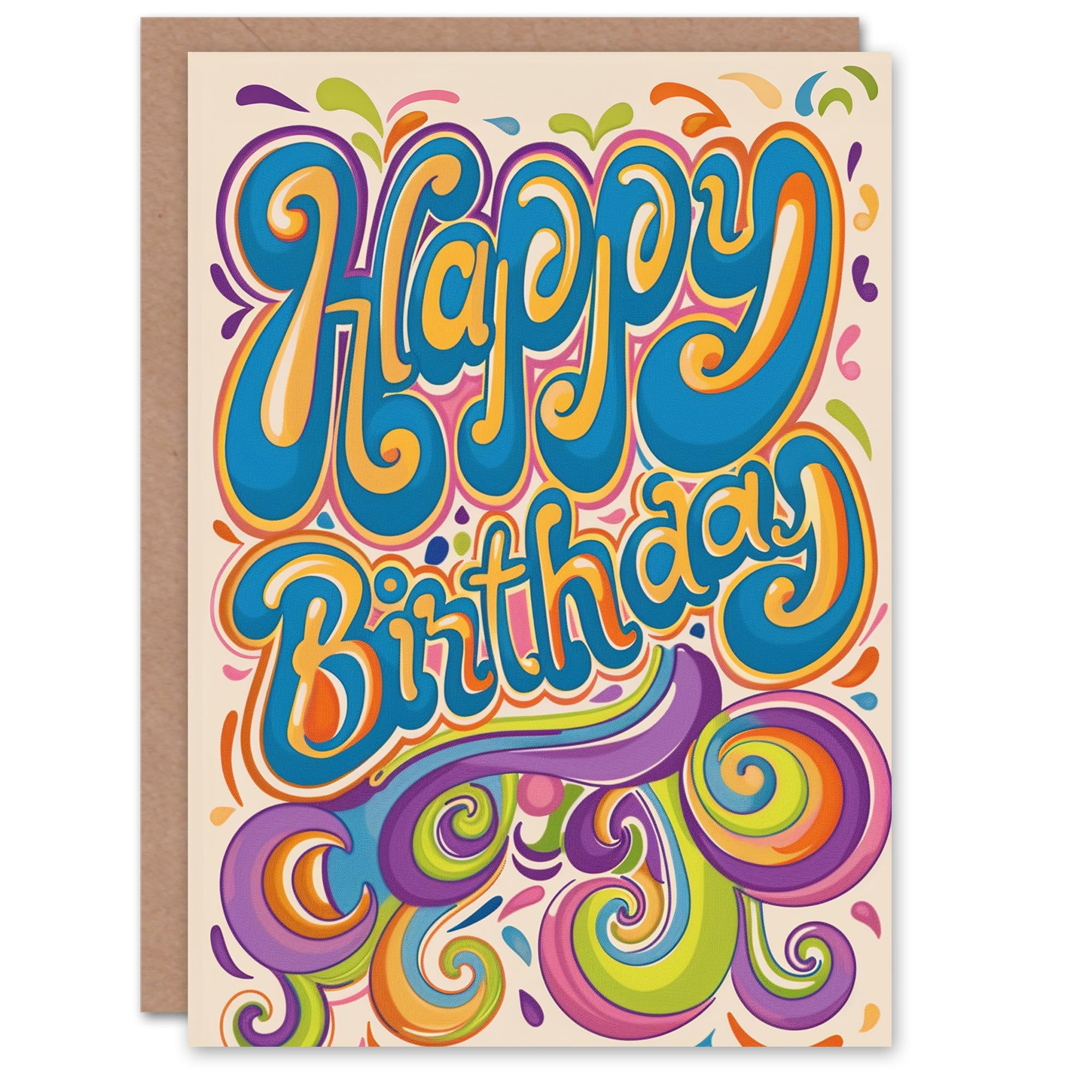 Birthday Card Retro Hippy Trippy Psychedelic Typography Swirl Colourful Him Her