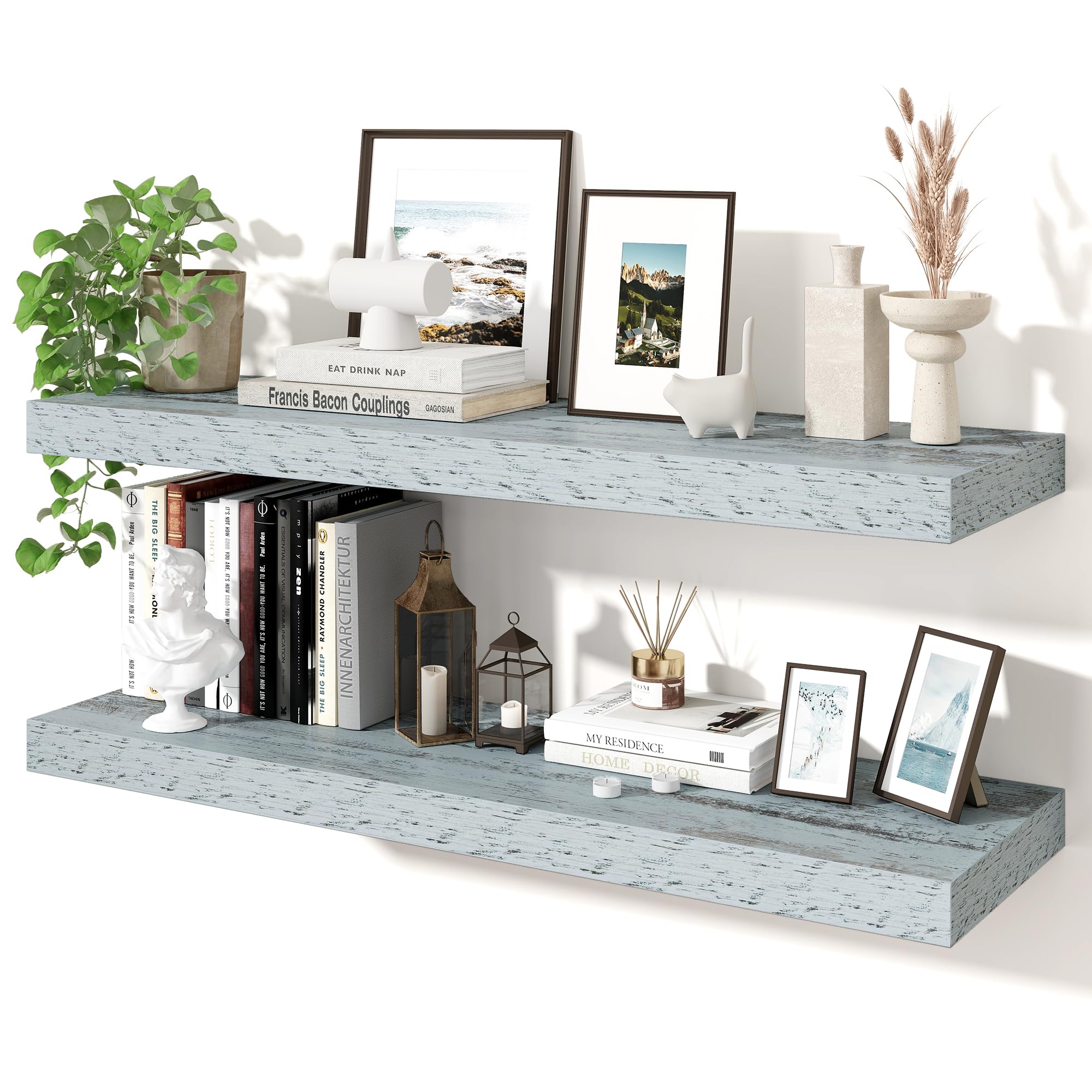 Axeman 36Inch Floating Shelves for Wall, 2 Pack Shelves for Bedroom, Bathroom, Kitchen, Hanging Wall Mounted Rustic Wood Shelf with Invisible Brackets for Books Decor, Rustic Blue — image 1