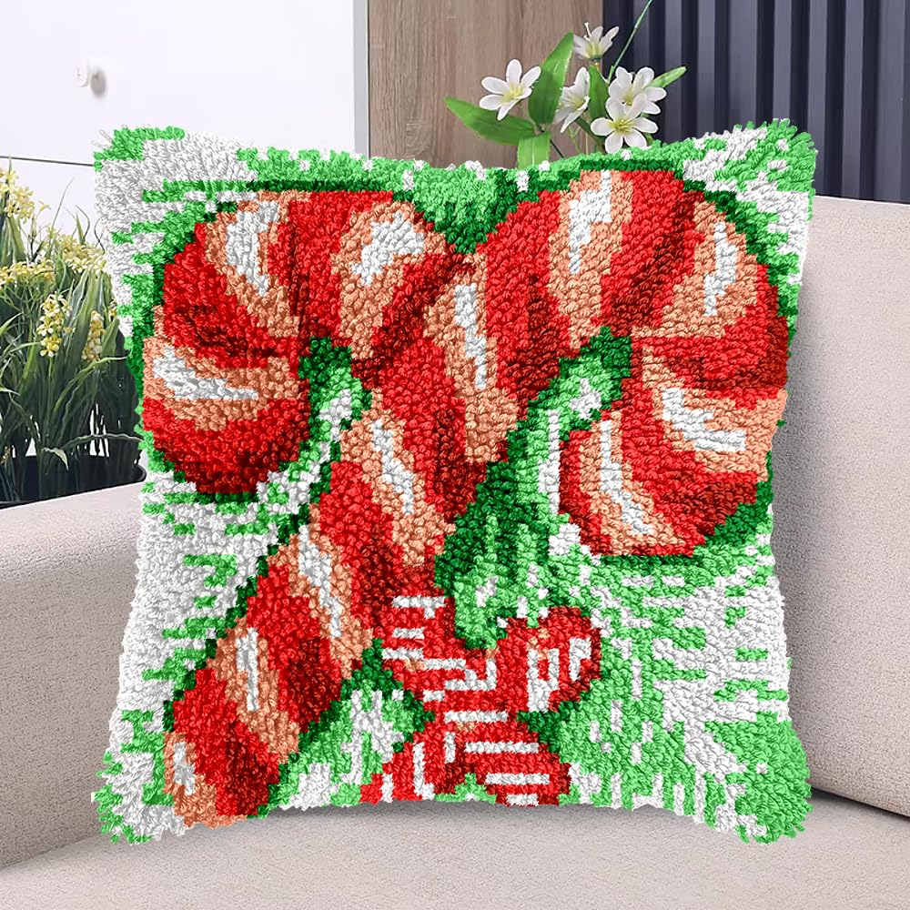 Merry Christmas Red Cane Candy Latch Hook Kits Pillow with Printed Canvas DIY Handmade Cushion Crochet Yarn Embroidery Hook and Latch Kit Pillowcase Christmas Decoration 43x43cm