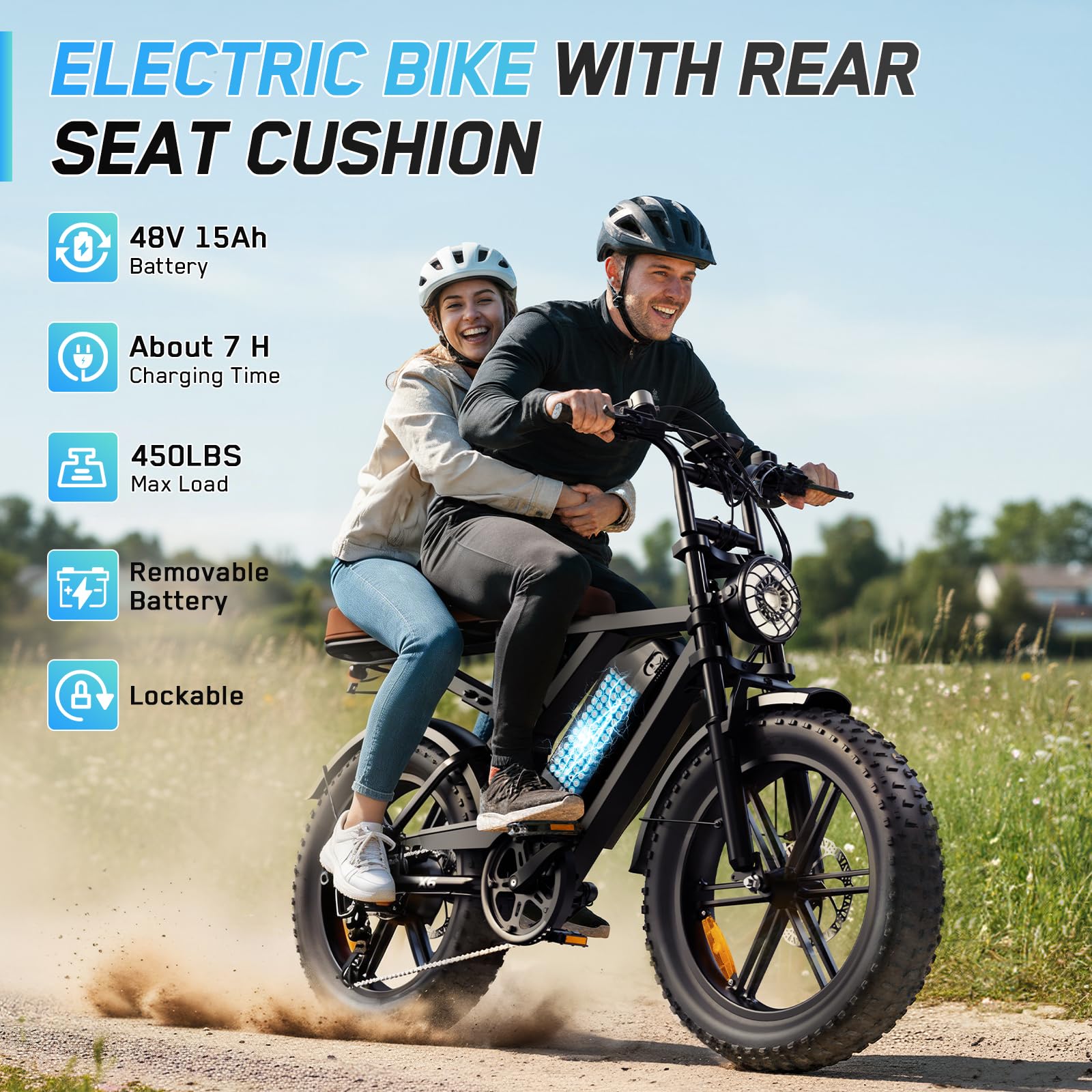 TST Bicicleta Eléctrica Adultos 20" Ruedas Gordas, Motor 250W Batería 48V 15AH Extraíble, 25km/h 60km Maxi Autonomía E-Bike, 7 Velocidades Asiento Trasero Suspensión Pantalla LCD App