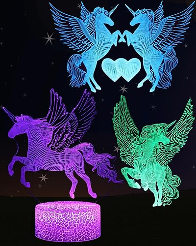 Luz nocturna de unicornio para dormitorio de niñas, lámpara LED de ilusión 3D, 3 patrones, 16 colores cambiantes, decoración de habitación