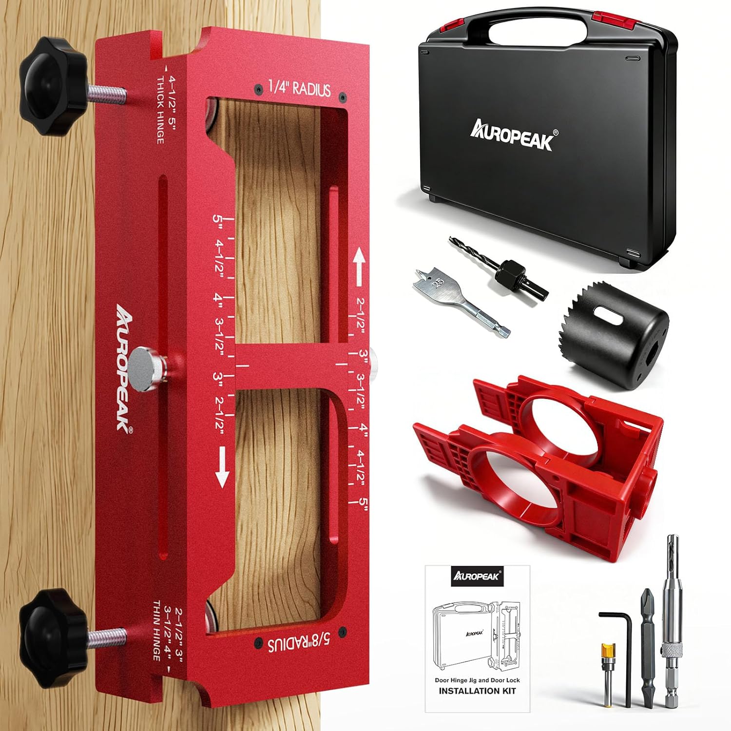 Door Hinge Jig and Door Lock Installation Kit, Aluminum Alloy Hinge Router Template for Hinge Mortising from 2.5" to 5" & Types of Square,1/4",5/8" Radius,Door Hole Drilling Kit for Knob and Deadbolt