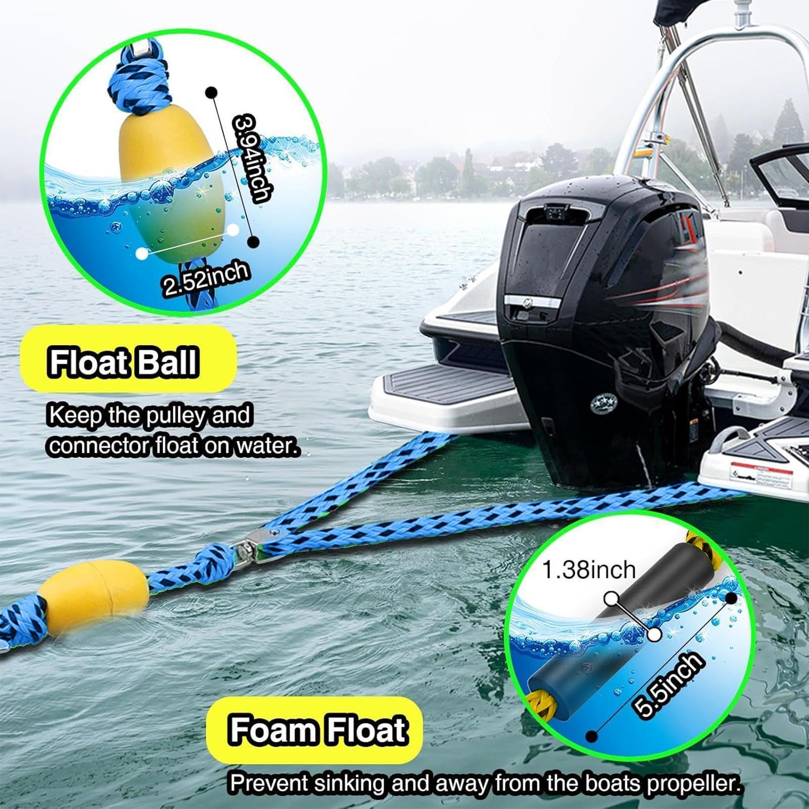 Imbracatura da traino per tubing, corda di trazione per fino a 4 utenti, con gancio e rulli girevoli a 360 gradi, per palla, ponton, bar, kayak, surf, fiume e piscina