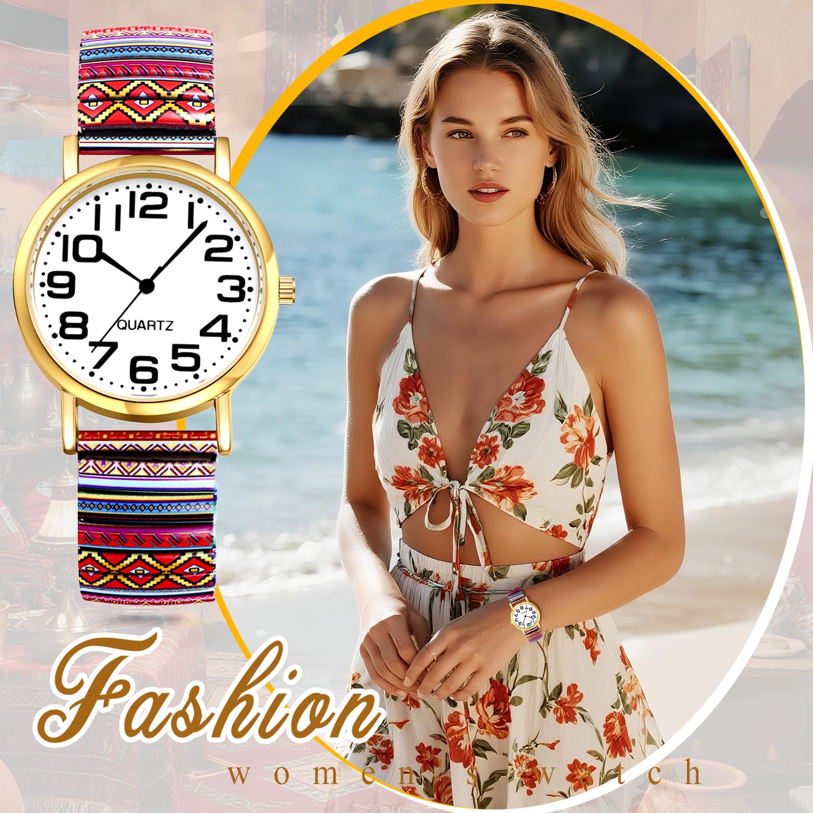 JewelryWe Zegarek damski w stylu boho elastyczny zegarek: 6 sztuk w stylu boho, kolorowe wzory, analogowy, kwarcowy, zegarek na rękę, stal nierdzewna, rozciągliwa bransoletka dla seniorów, zegarek z