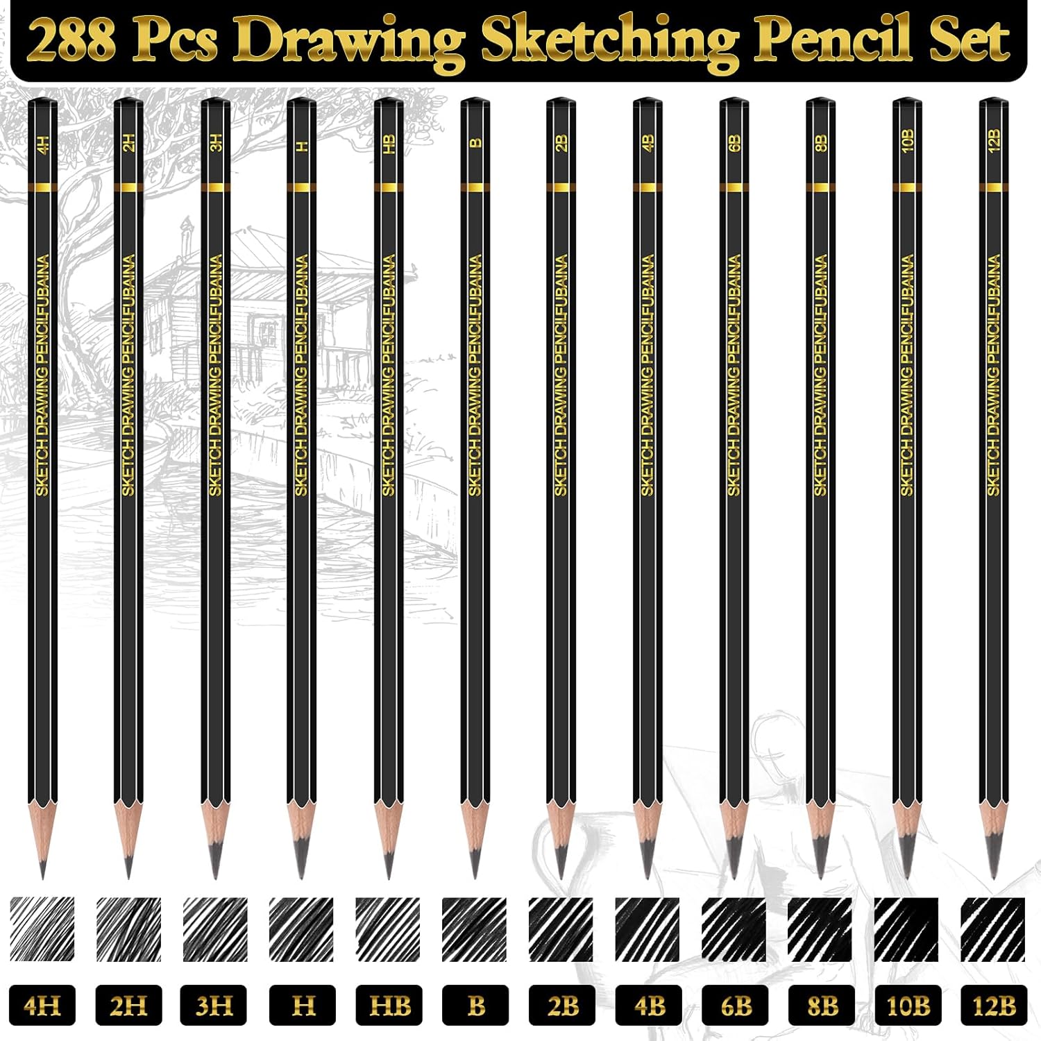 288 Pcs Drawing Sketching Pencil Set Professional (12b - 4h) Graphite Charcoal Gift Bulk for Artists Beginners, Pro Artists, Drawing Art, Sketching