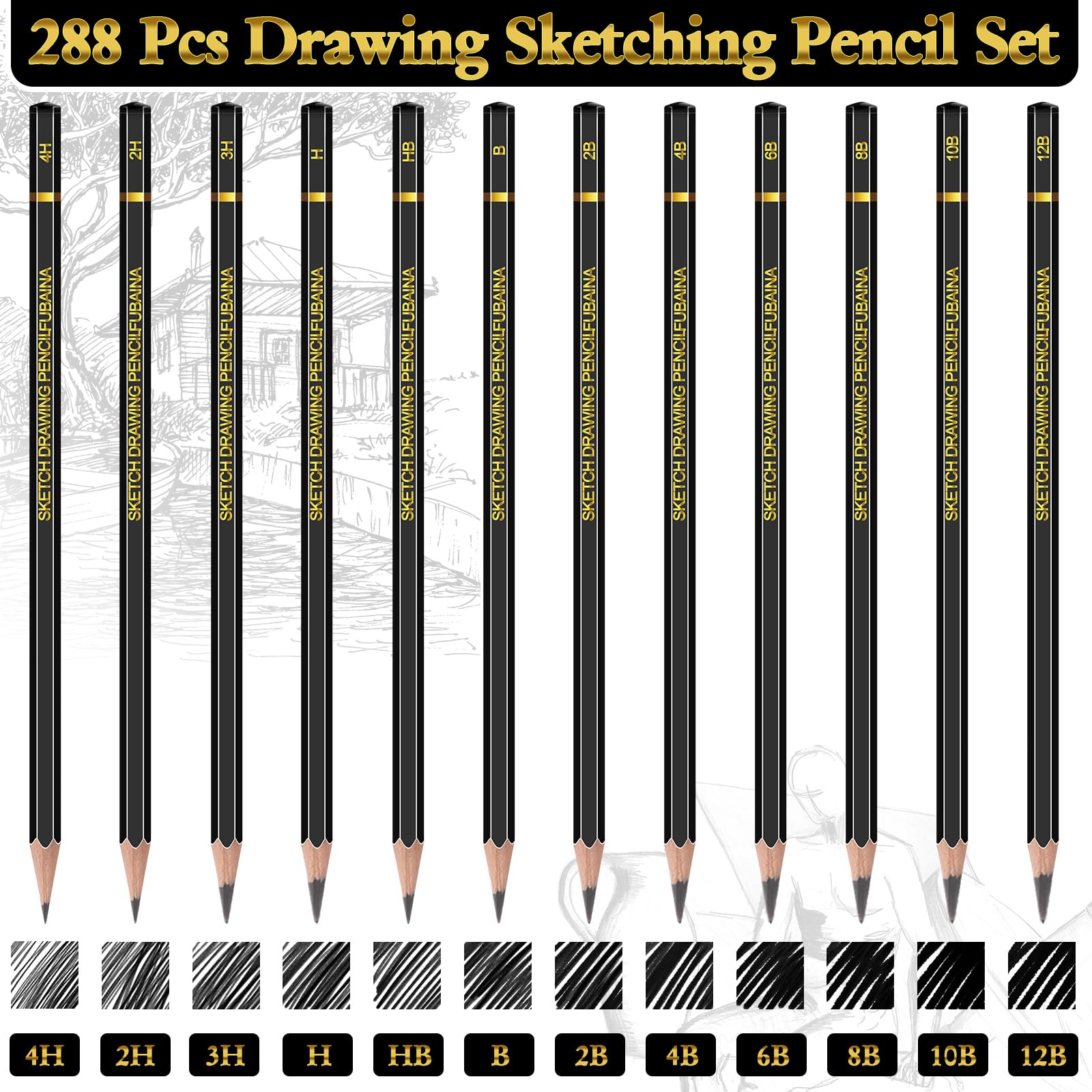 Juego de 288 lápices de dibujo profesional de grafito (12B - 4H) lápices de dibujo a granel para artistas, principiantes, artistas profesionales para dibujar arte, bocetos, sombreado