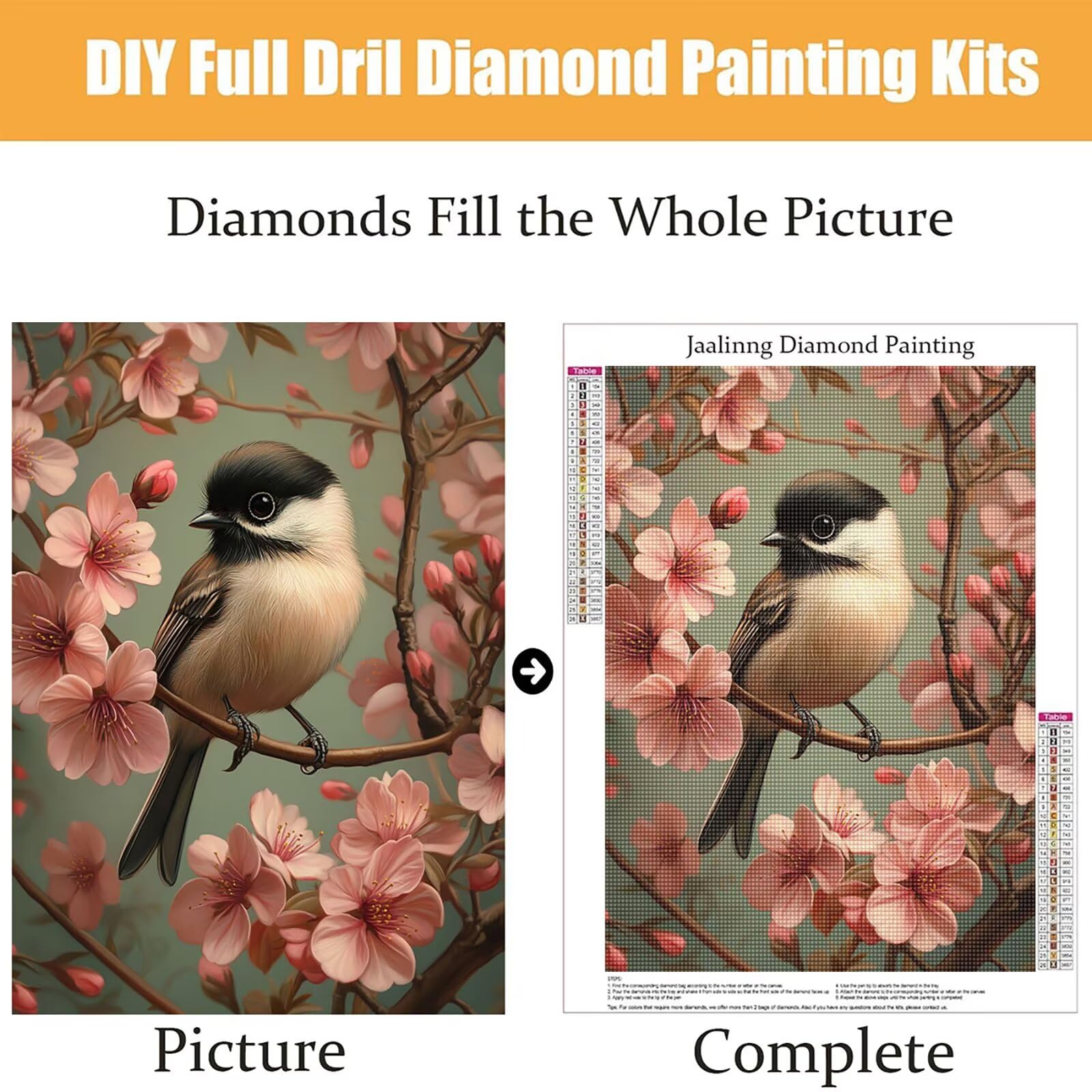 Diamond Painting Kit Completo, Diamond Painting Uccello, 5D Pittura Diamante Kit Manualidades Adultos DIY Diamantini Crystal Art Disegni Ricamo Punto Croce Artigianale, 90x120cm Albero In Fiore j0-861