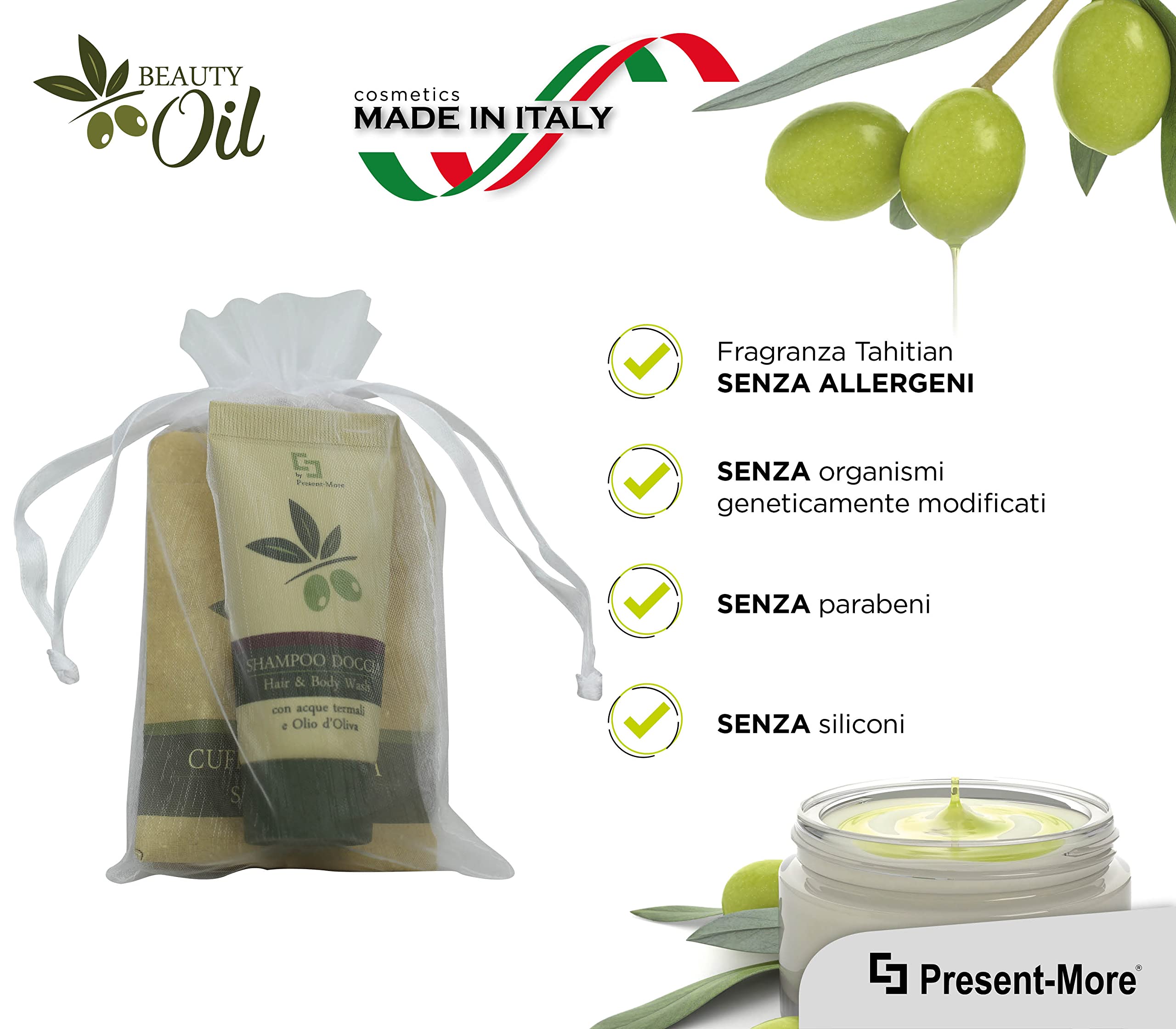 PRESENT-MORE - Set Cortesia 15 Ospiti Beauty Oil - Fragranza Tahitian - Contiene: Shampoo Doccia, Sapone e Cuffia - Made in Italy - Per Hotel e B&B
