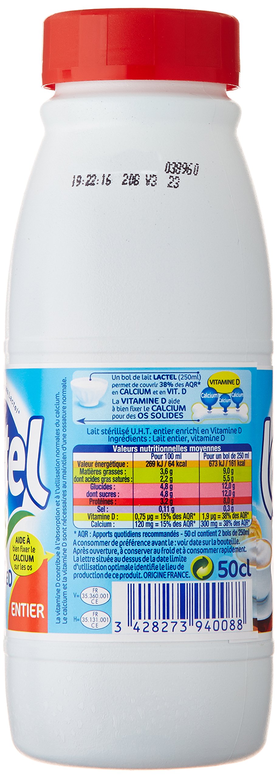 Lactel Lait Entier La Bouteille de 50 cl - Pack de 6