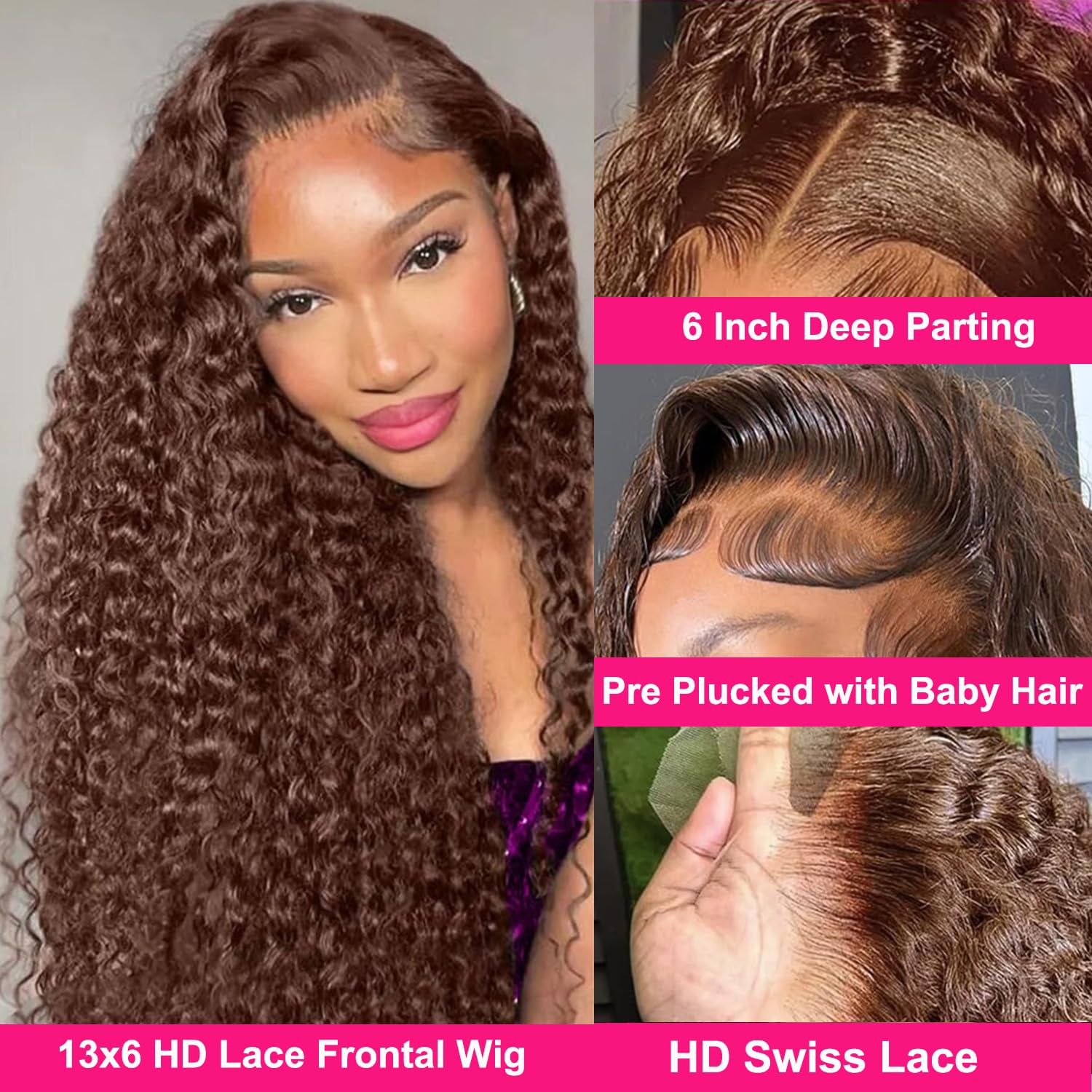 30 Inch Chocolate Brown Deep Wave Lace Front Wigs Human Hair 200 Density 13x6 HD Lace Frontal Wigs Pre Plucked Curly Human Hair Wig 4# Colored Brown Wig Human Hair Wigs for Black Women Glueless