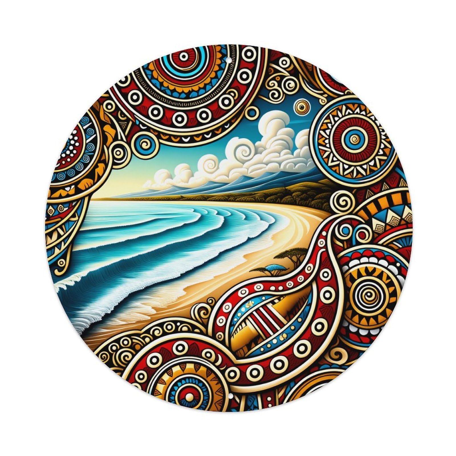 Colorful Geometric Ocean Beach Pattern Round Tin Sign Vintage Style Metal Sign Home Bar Garden Wall Plaque Decor Metal Poster 8x8 Inch