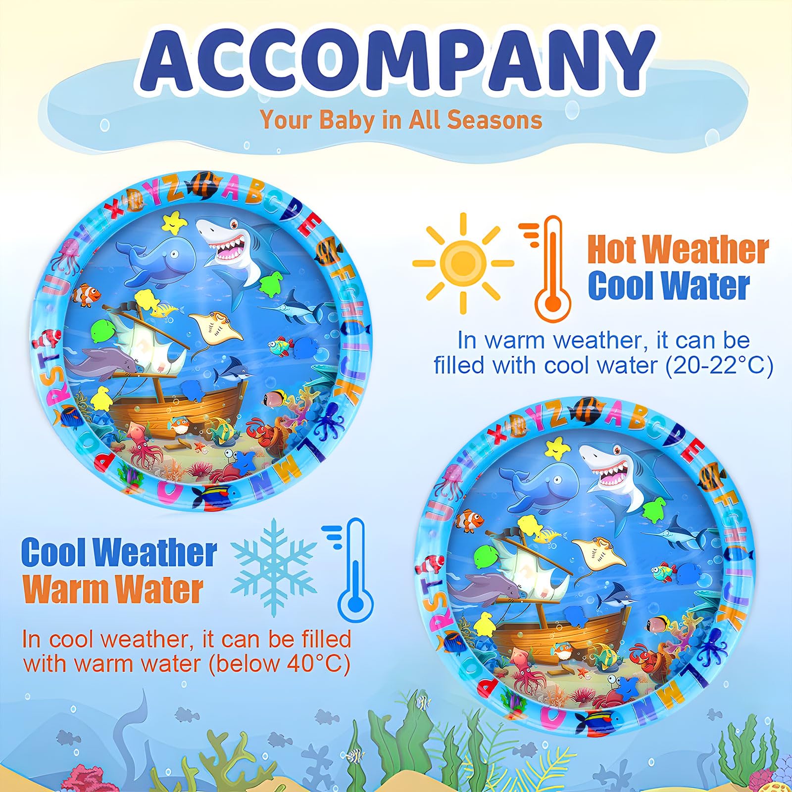 Tapis Eau Bebe Eveil, 63 x 63 cm Aquarium Bebe, Tapis Eau Gonflé Enfant PVC Imperméable, Motif de Dauphin Tapis Sensoriel Bébé, Rond Tapis pour d'eau Bébé 3 6 9 12 Mois