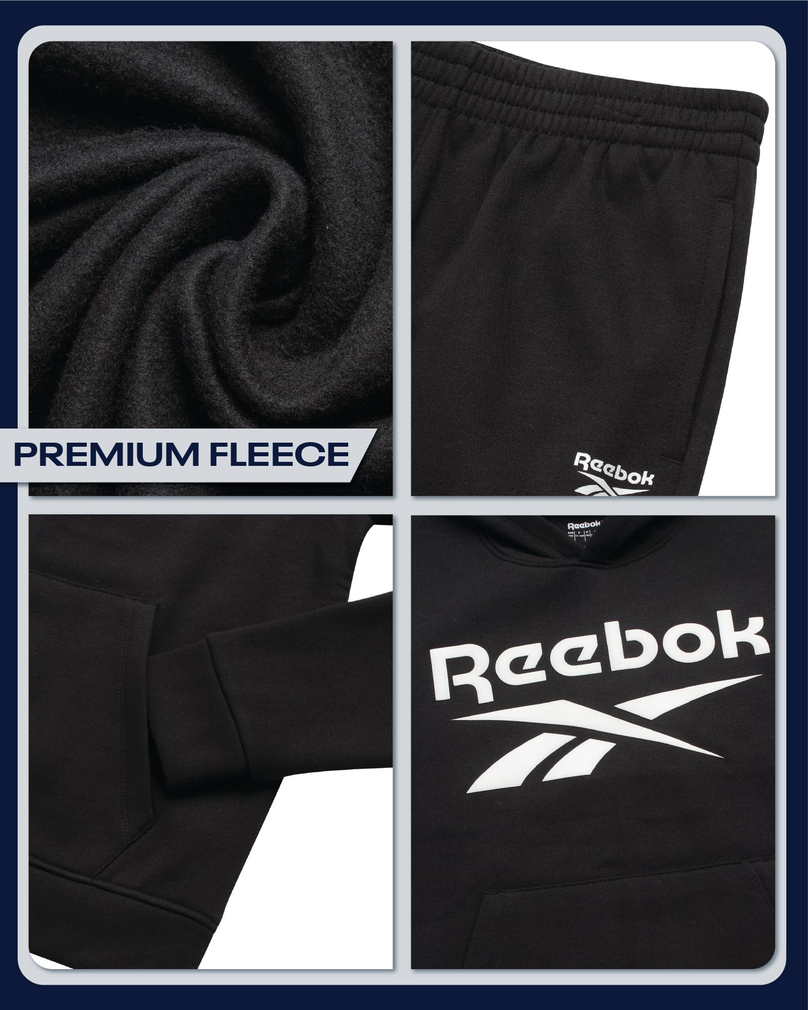 Reebok Boys Sweatpants Set - 2 Piece Fleece Pullover Hoodie Boys Sweatshirts and Youth Kids Jogger Sweatpants Athletic Sets