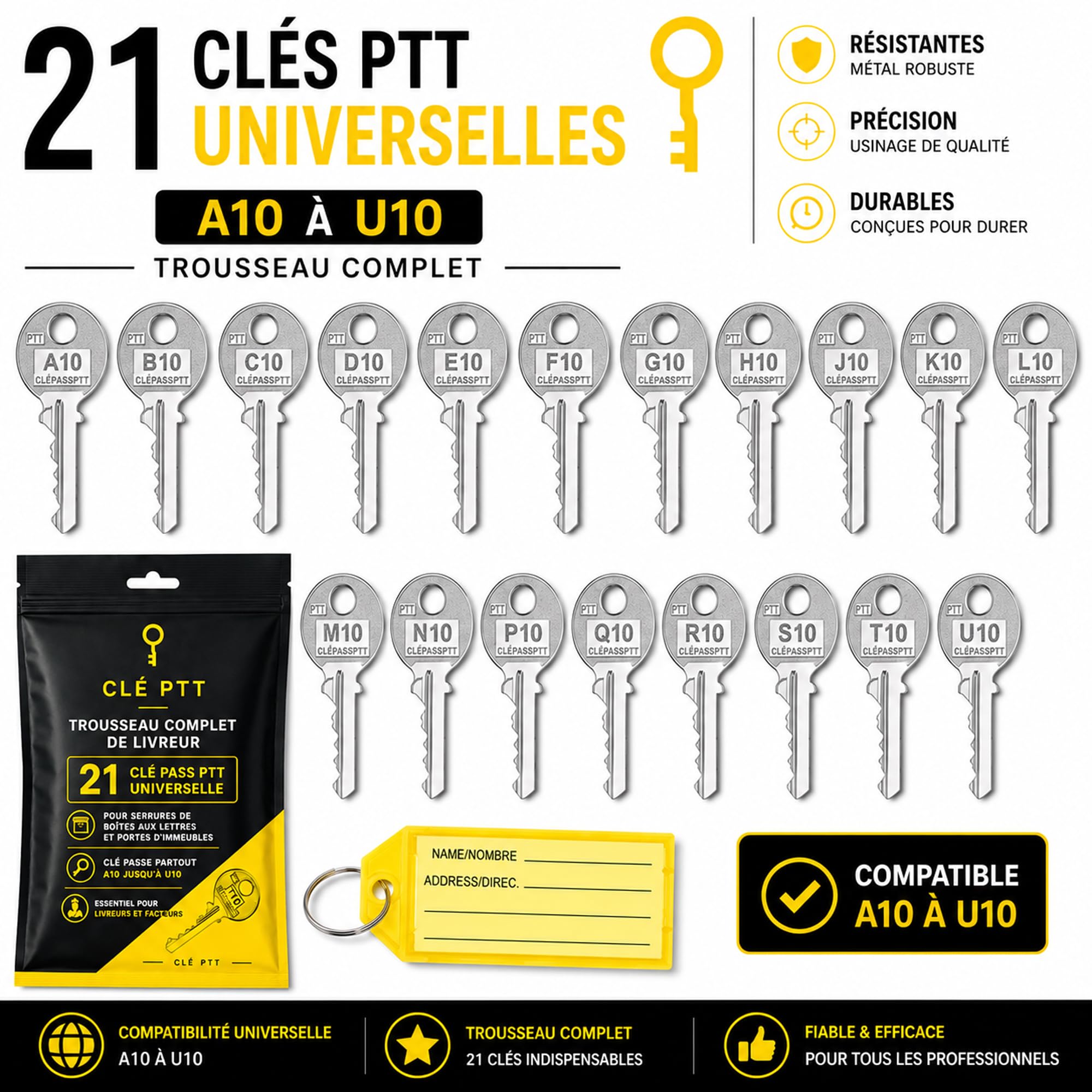 TROUSSEAU COMPLET DE LIVREUR 21 CLÉ PASS PTT UNIVERSELLE | POUR SERRURES DE BOÎTES AUX LETTRES ET PORTES D’IMMEUBLES | CLÉ PASSE PARTOUT A10 JUSQU'À U10 | ESSENTIEL POUR LIVREURS ET FACTEURS