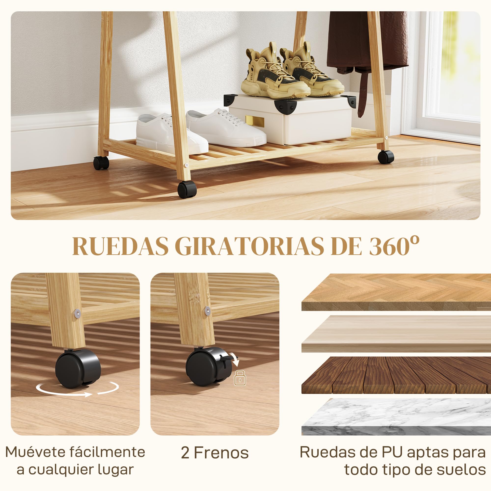 HOMCOM Burro para Ropa de Bambú con 2 Ganchos 84,5x43,5x158 cm Natural | Perchero, Burro para Ropa con Ruedas, 2 Estantes Abiertos, para Entrada Pasillo Dormitorio