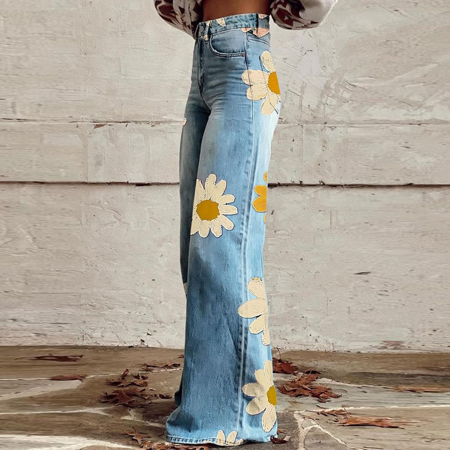 Womens Vintage Boho Floral Print Jeans - Mid Waisted Wide Leg Baggy Flare Pants Plus Size Slacks Trousers with Pockets - Image 3