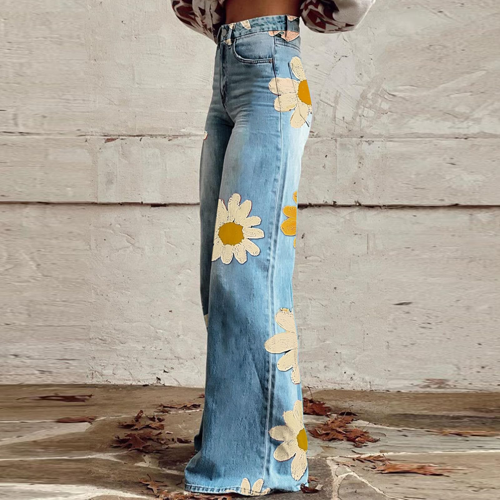 Pantalon Évasé Femme Imprimé Marguerite Bouton Fermeture Éclair Poches