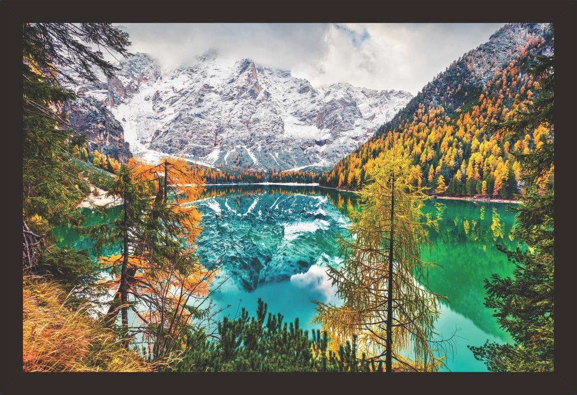 mad masters First Snow on Braies Lake Colorful Autumn Landscape 1 Piece Wooden Framed Painting for Home Decor