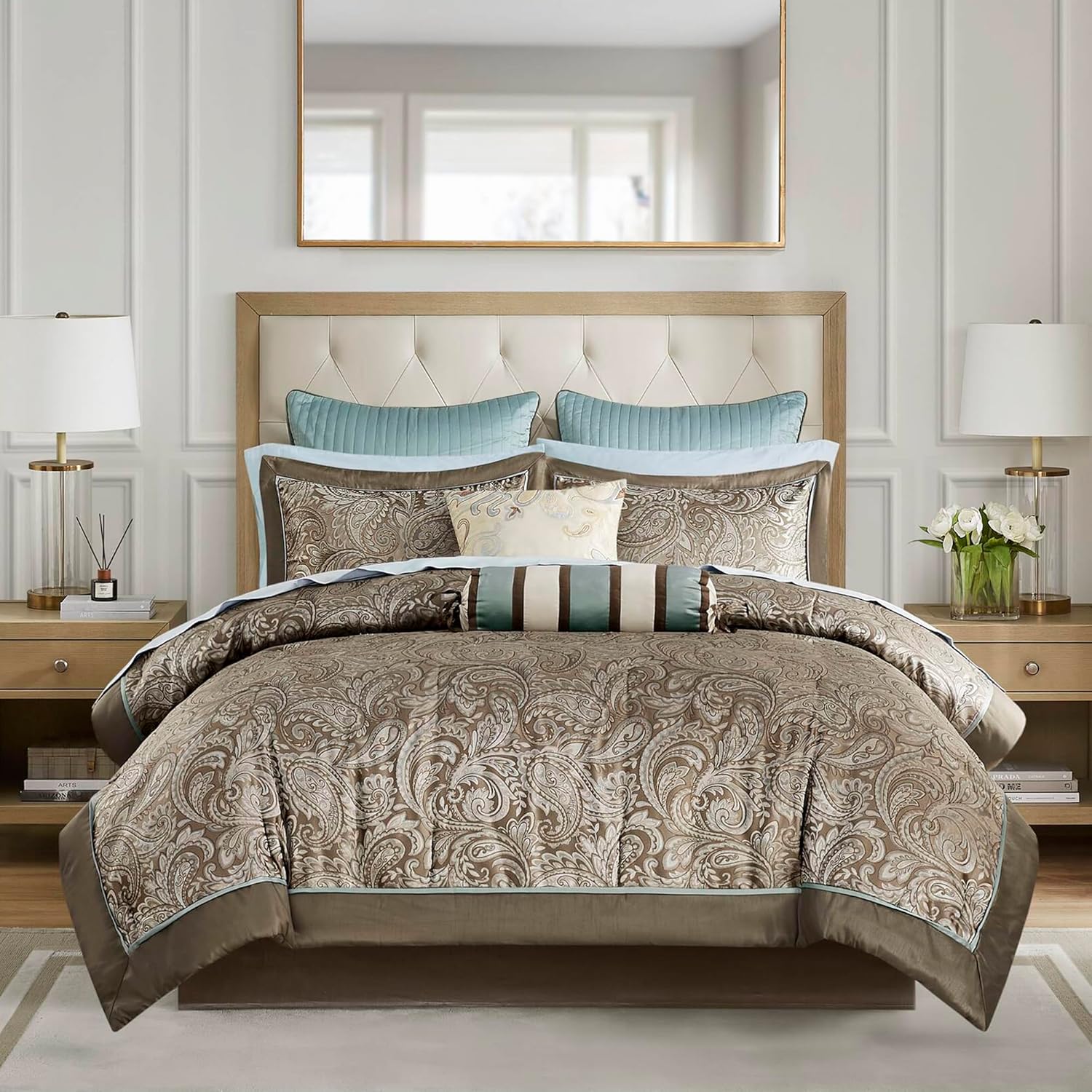 Madison Park Aubrey Cozy Comforter Set, Faux Silk Jacquard Paisley Design - All Season Down Alternative Bedding with Cotton Bed Sheets, Bed Skirt & Toss Pillows, California King Blue 12 Piece Blue Biab 12pcs California King Comforter Set