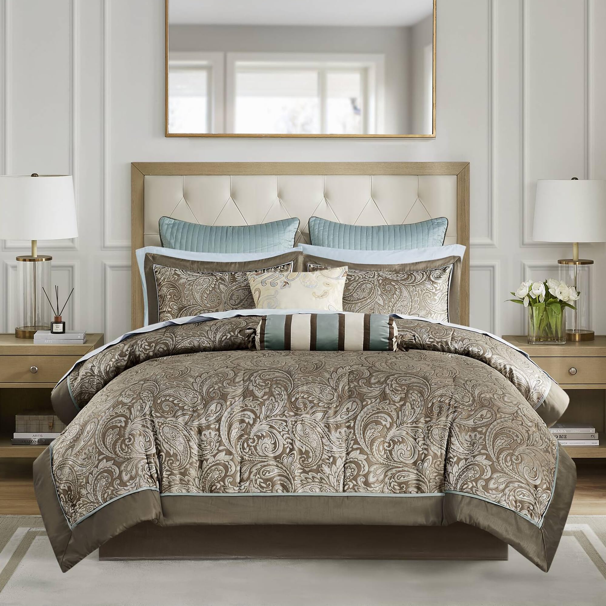 Madison Park Aubrey Cozy Comforter Set, Faux Silk Jacquard Paisley Design - All Season Down Alternative Bedding with Cotton Bed Sheets, Bed Skirt & Toss Pillows, Queen Blue 12 Piece