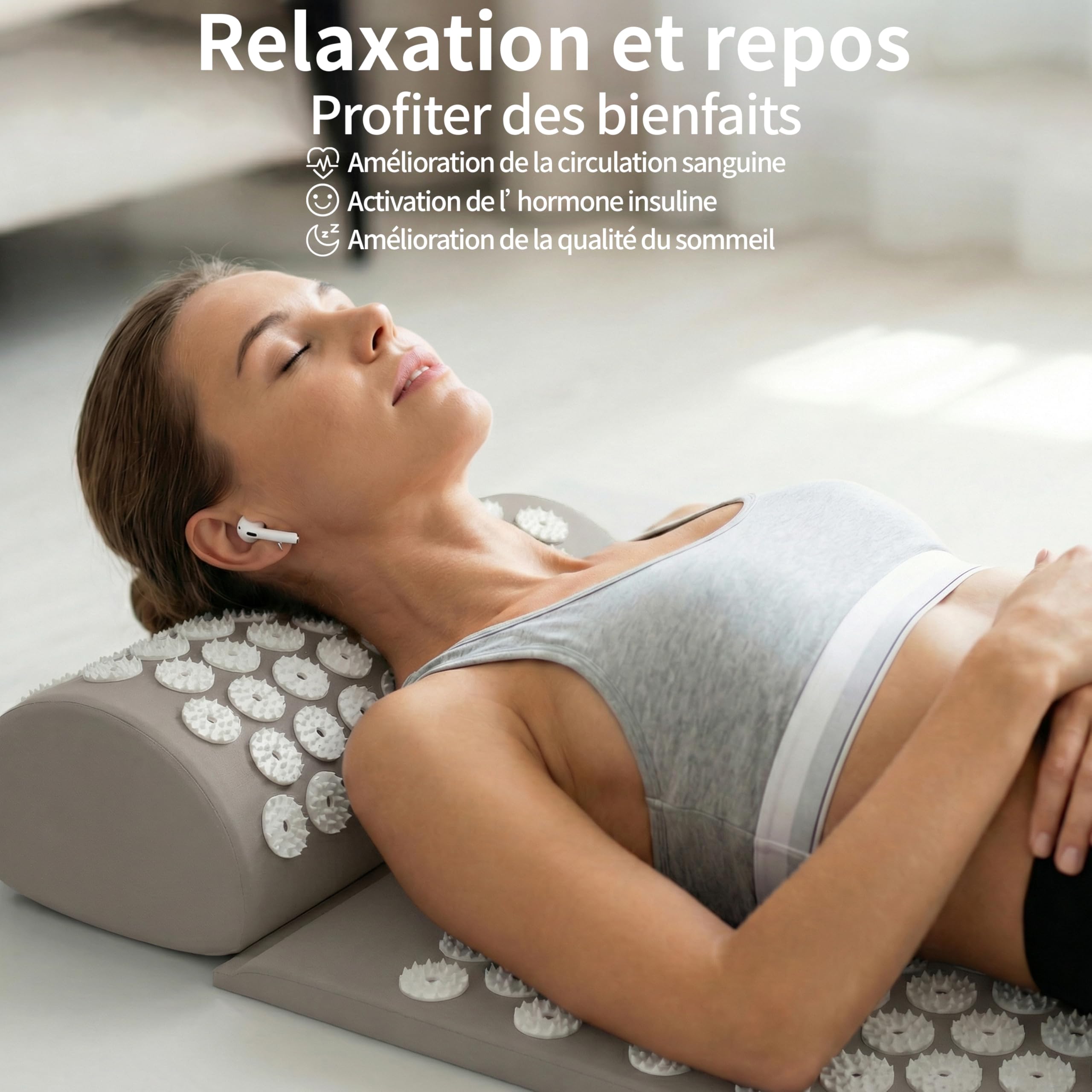 Kit d'acupression, Tapis d'Acupression + Coussin + Boule de Massage, Mal De Dos - Relaxation et Traitement de la Douleur, Soulage douleurs Dos et Cou (Gris)