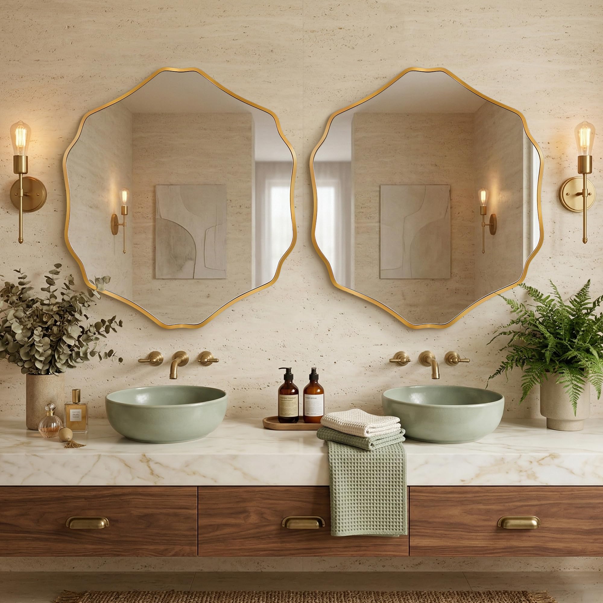 Miroir Mural Hexagonal Organique avec Cadre en Aluminium Brossé & Verre de Sécurité Trempé pour Salle de Bain, Entrée & Salon