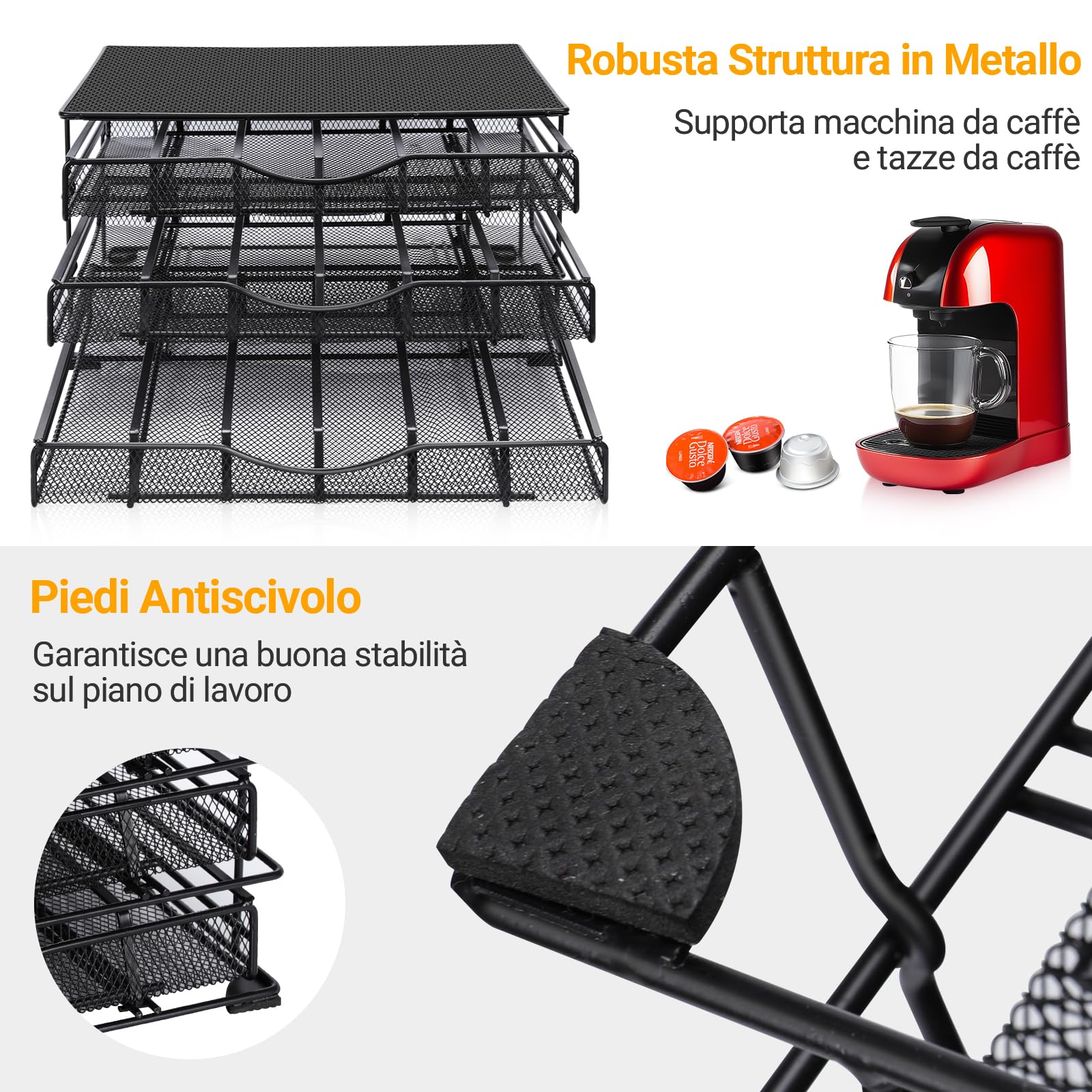 MASTERTOP Cassetti Capsule Dolce Gusto 108pz, Porta Capsule Antiscivolo a 3 Cassetti, Dispenser Capsule di Grande Capacità con Supporto Antivibrazioni in EVA per Macchina Caffè
