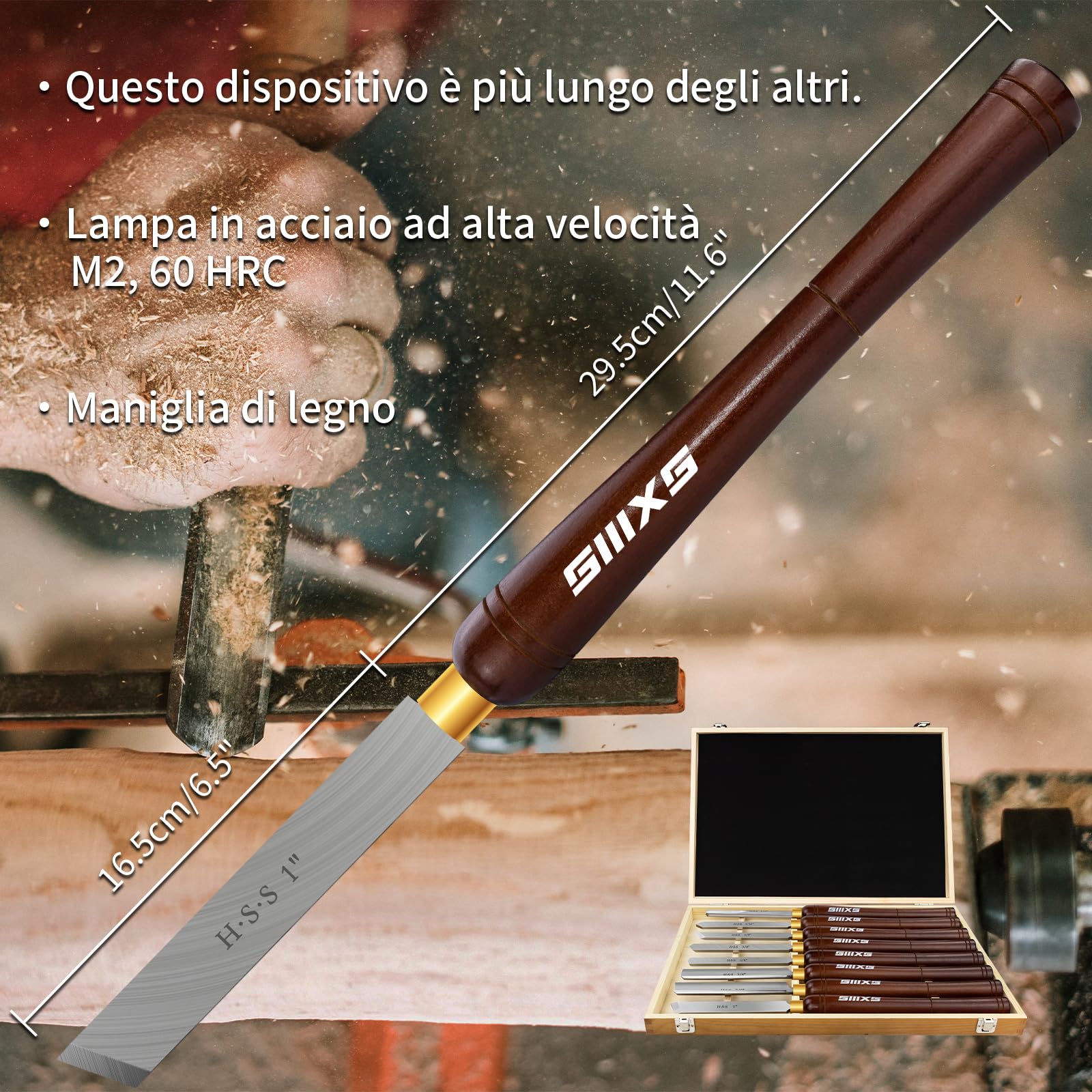 Kit di scalpello per tornitura in legno HSS 8 pezzi con manico in faggio