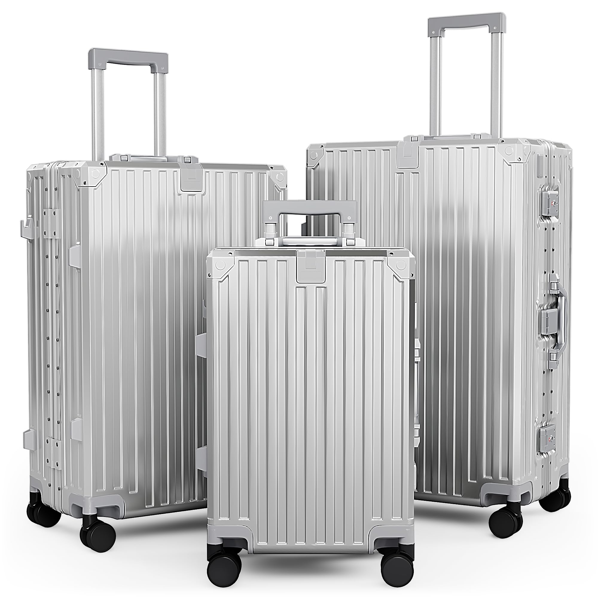 ALPHA CAMP Kofferset M L XL Reisekoffer TSA Schloss Groß 3tlg mit Rollen | Hartschalenkoffer Polycarbonat Suitcase Aluminium Rahmen Koffer Set Handgepäck Silber Mittelgroß Rollkoffer Flugreisen