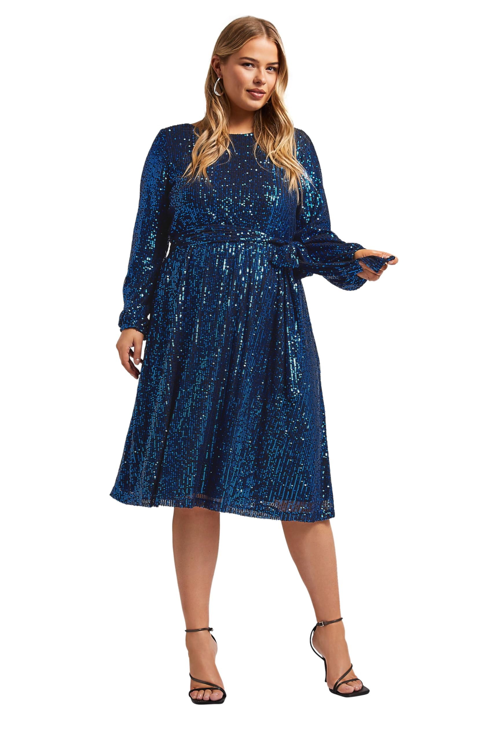Yours London Curve Sequin Skater Midi Dress - Women's - Plus Size Curve Blue
