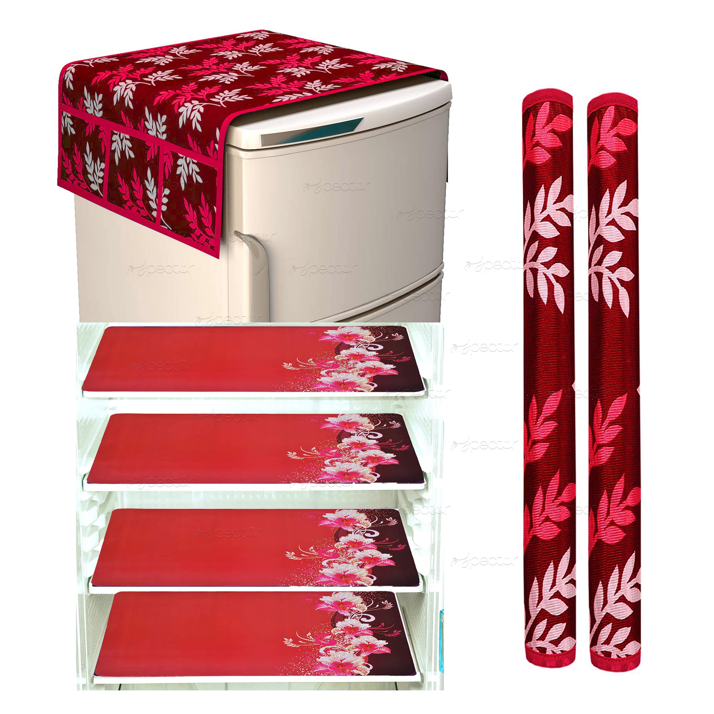 Brewel Swalloworld Combo of Kitchen Combo Fridge Top Cover, Fridge Handle Covers,4 Fridge Mats,Set of 7 Pieces, (Red-Leaf)