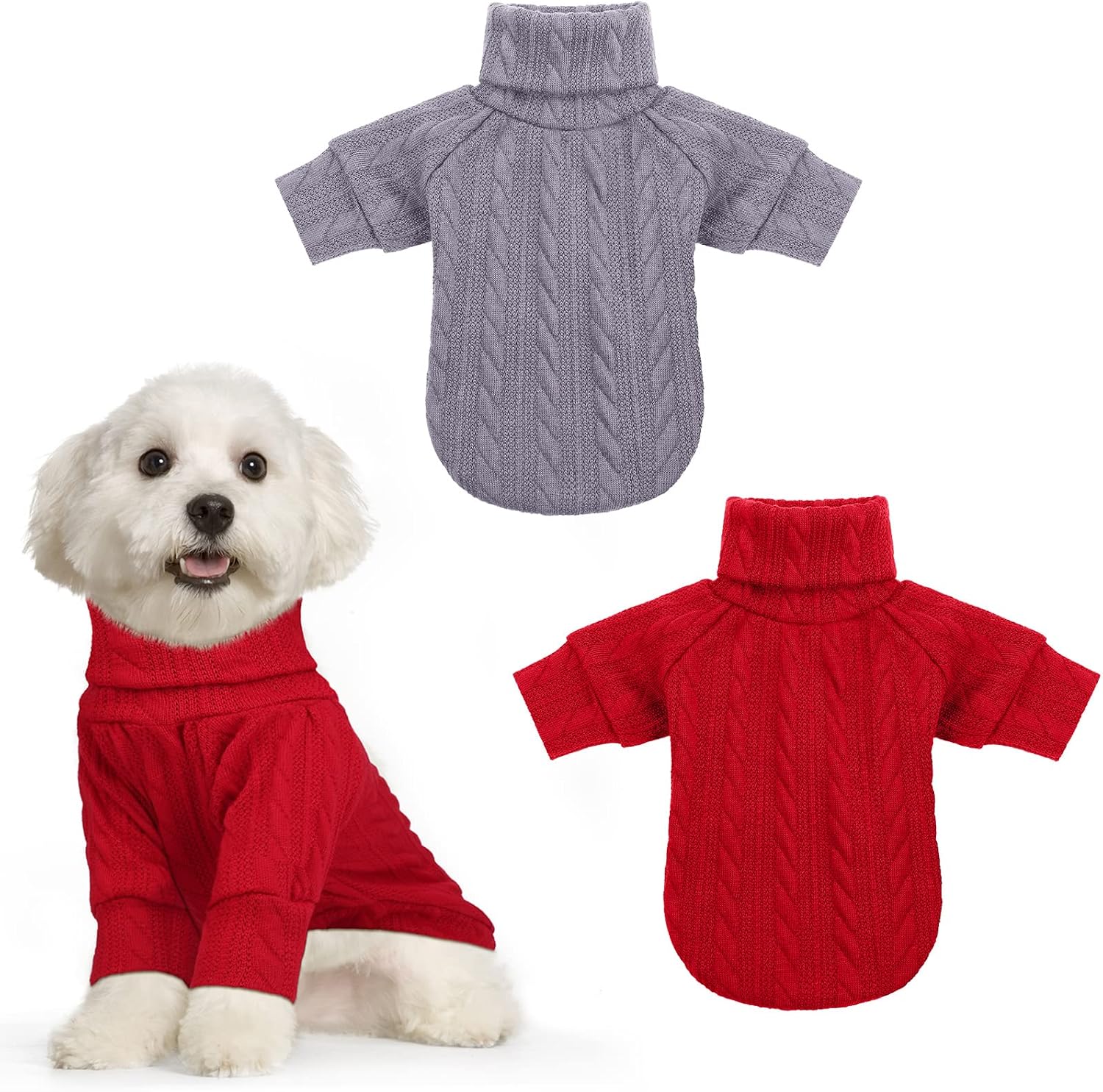 Pedgot 2 Pack Dog Sweater Red Gray Thermal Knitted Dog Sweaters Turtleneck Knitwear Clothes Winter Pet Coat Soft Puppy Sweaters for Fall…