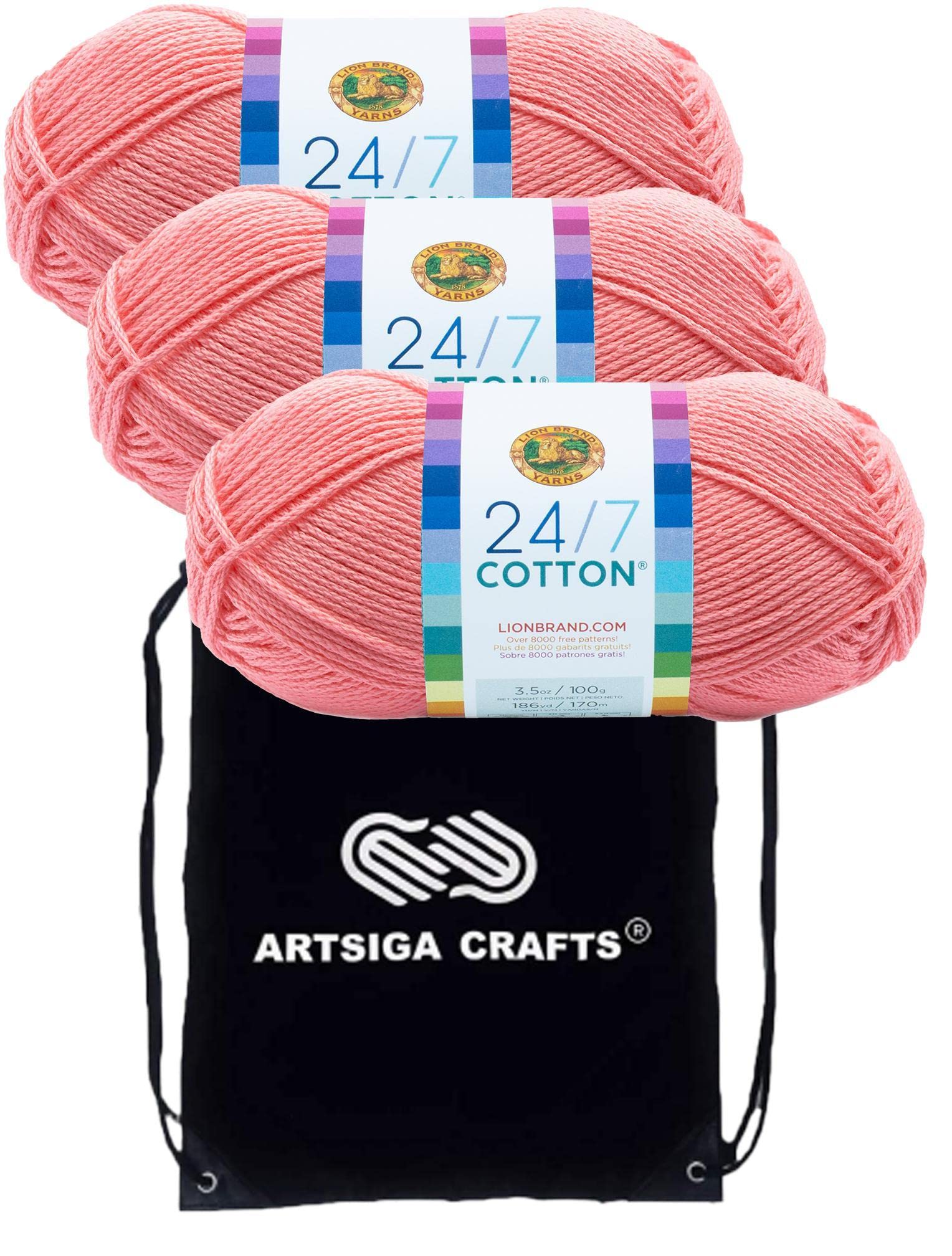 Lion Brand Knitting Yarn 24/7 Cotton Pink 3-Skein Factory Pack (Same Dye Lot) 761-101 Bundle with 1 Artsiga Crafts Project Bag