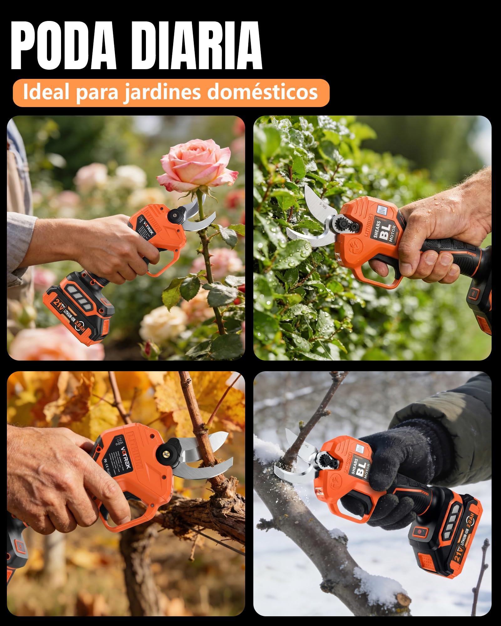 Tijeras de Podar Electricas 40mm con 2 Baterías 2,0 Ah, Motor Brushless 600W, Hoja SK5, Pantalla LED, Doble Seguridad, Mayor Autonomía para Trabajo Continuo Profesionales Eléctricas Tesoura