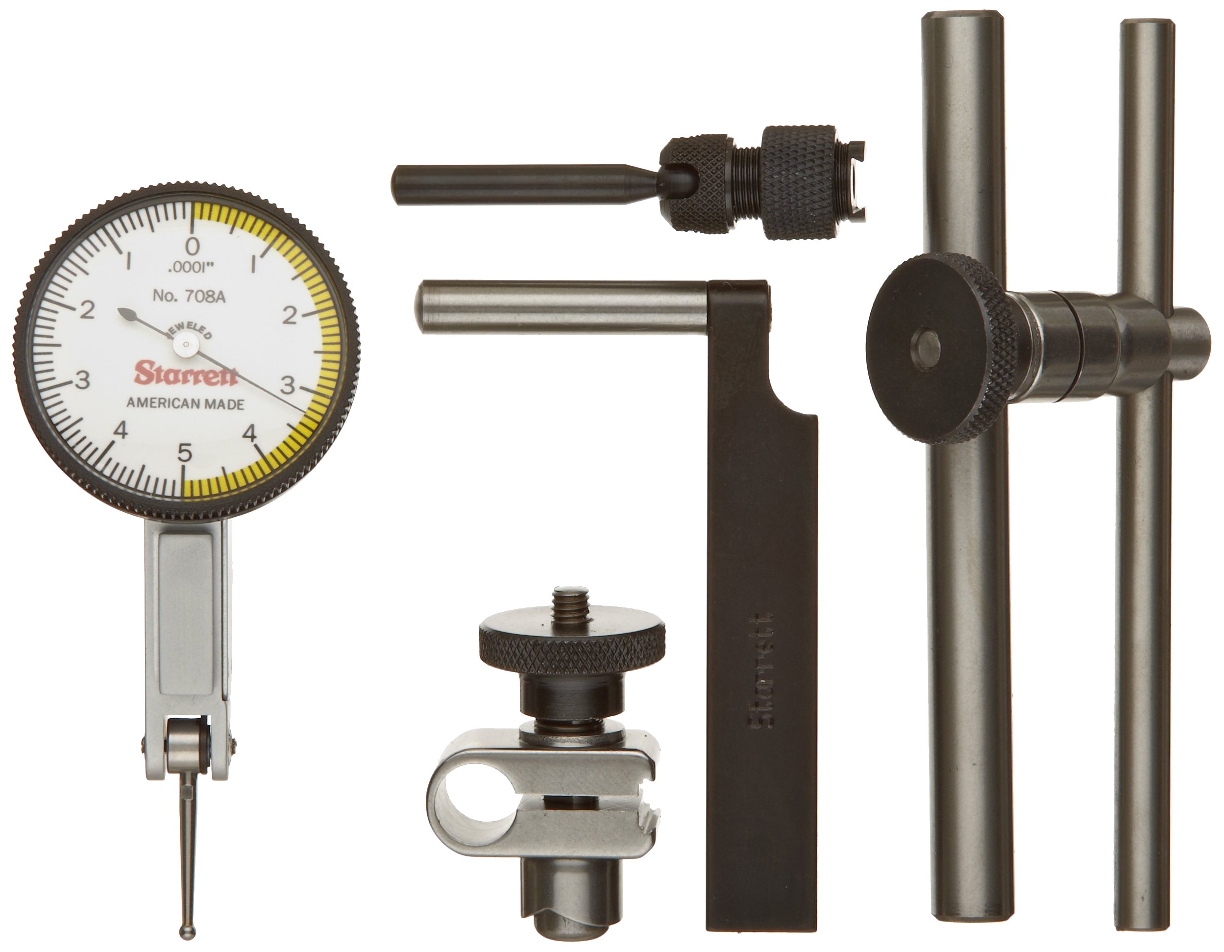 Starrett 708ACZ Dial Test Indicator with Attachments, Dovetail Mount, White Dial, 0-5-0 Reading, 1.375" Dial Dia., 0-0.01" Range, 0.0001" Graduation, +/-0.0001" Accuracy