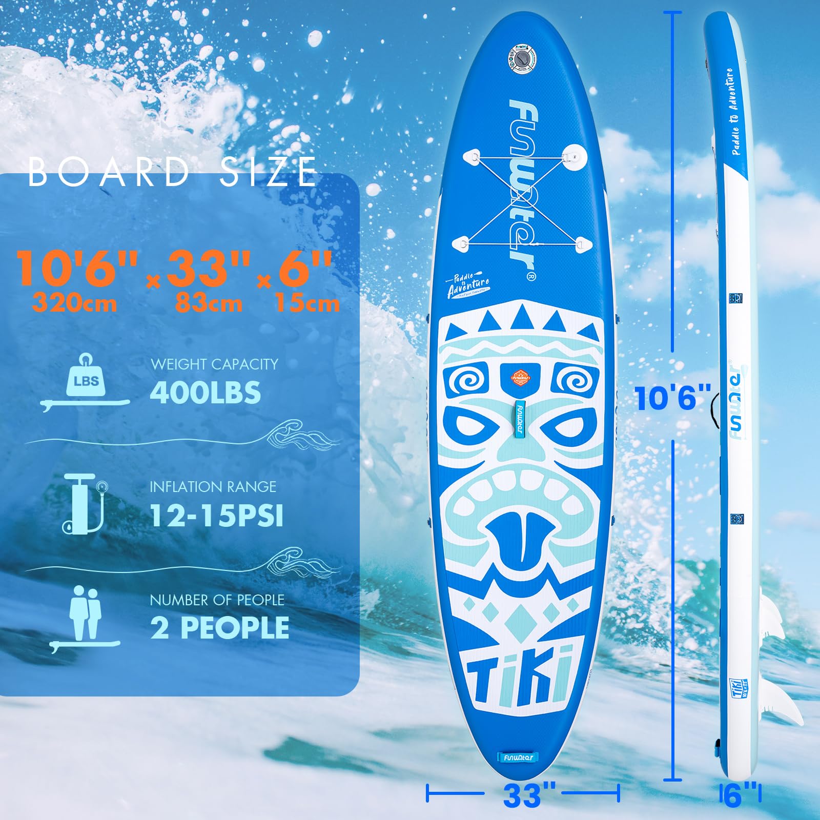 FunWater SUP gonflable ultra léger (8 kg) pour tous les niveaux de compétence, tout inclus avec planche à pagaie, pagaies flottantes Adj, pompe, sac à dos de voyage ISUP, laisse, sac à dos étanche 3 m