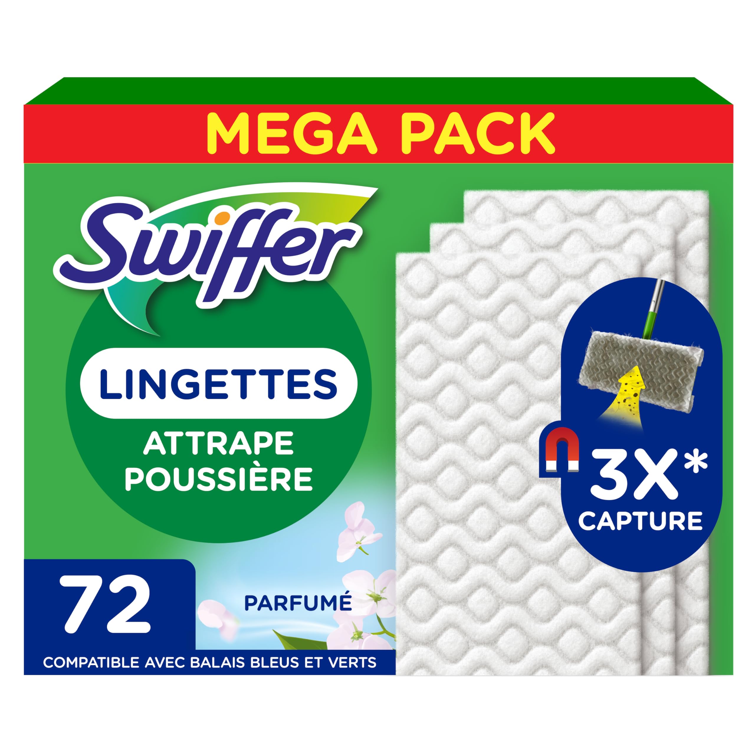 Swiffer Scopa Acchiappasogni, Ricariche Salviette Secche, 72 unità, Profumo Febreze a lunga durata, cattura 3 volte più polvere e peli di animali, scopa venduta separatamente