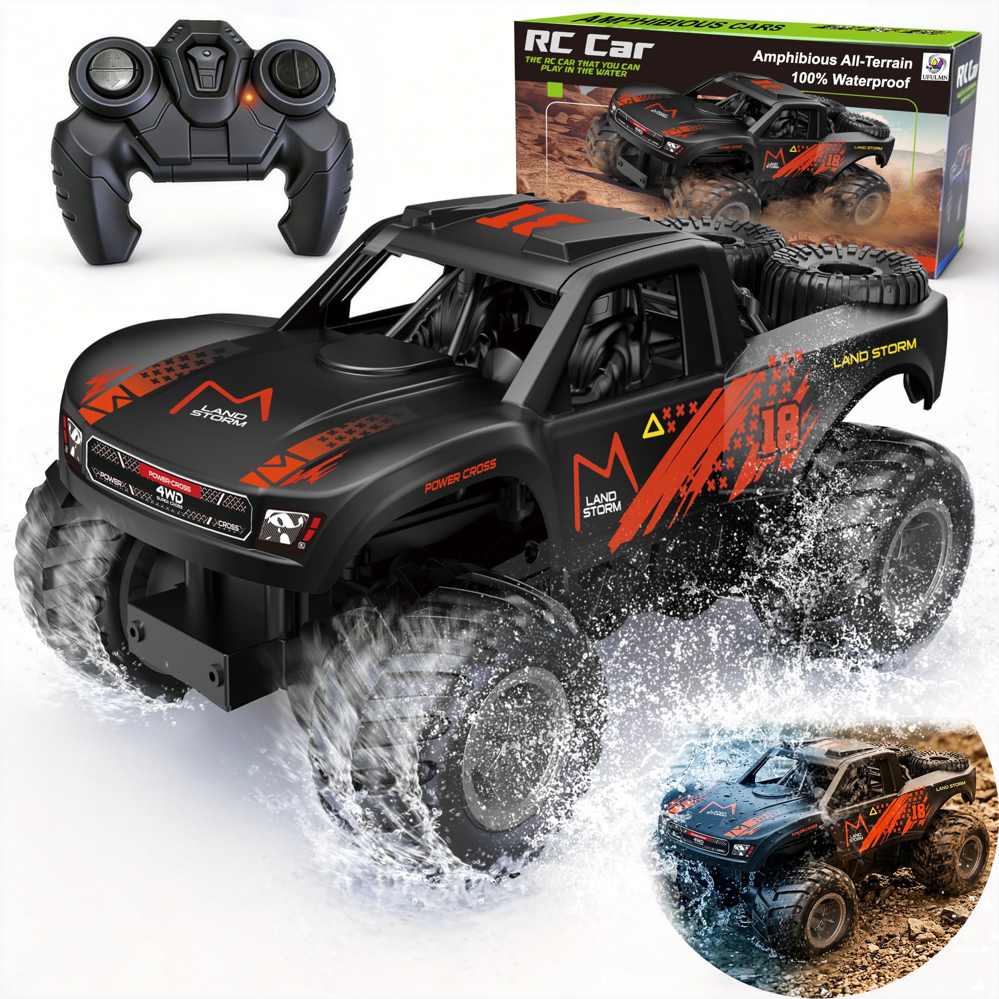 UFULMN Amphibious Remote Control Car Monster Truck - 4WD Waterproof 1:16 Large All Terrain Off Road Vehicle RC Drift Cars Beach Pool Toys Gifts for Boys Kids 8-12