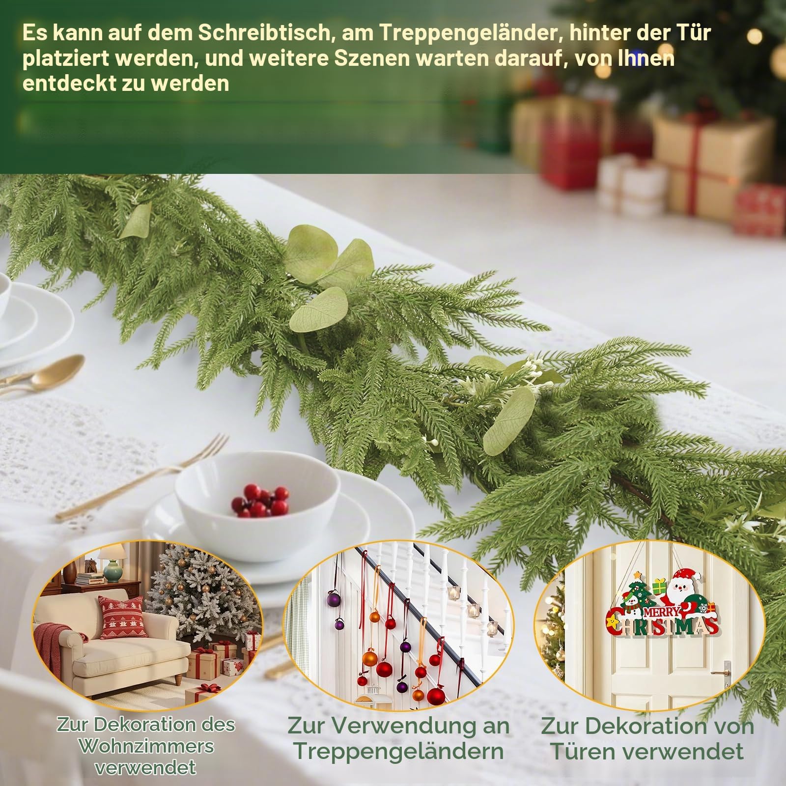 9FT Weihnachtsgirlande,PE Realistische Norfolk Girlande Für Mantel | Künstlicher Tannengirlande mit Tannenzapfen,Roten Beeren,Deko Für Weihnachten, Mantel,Treppen, Tisch, Innen & Außen